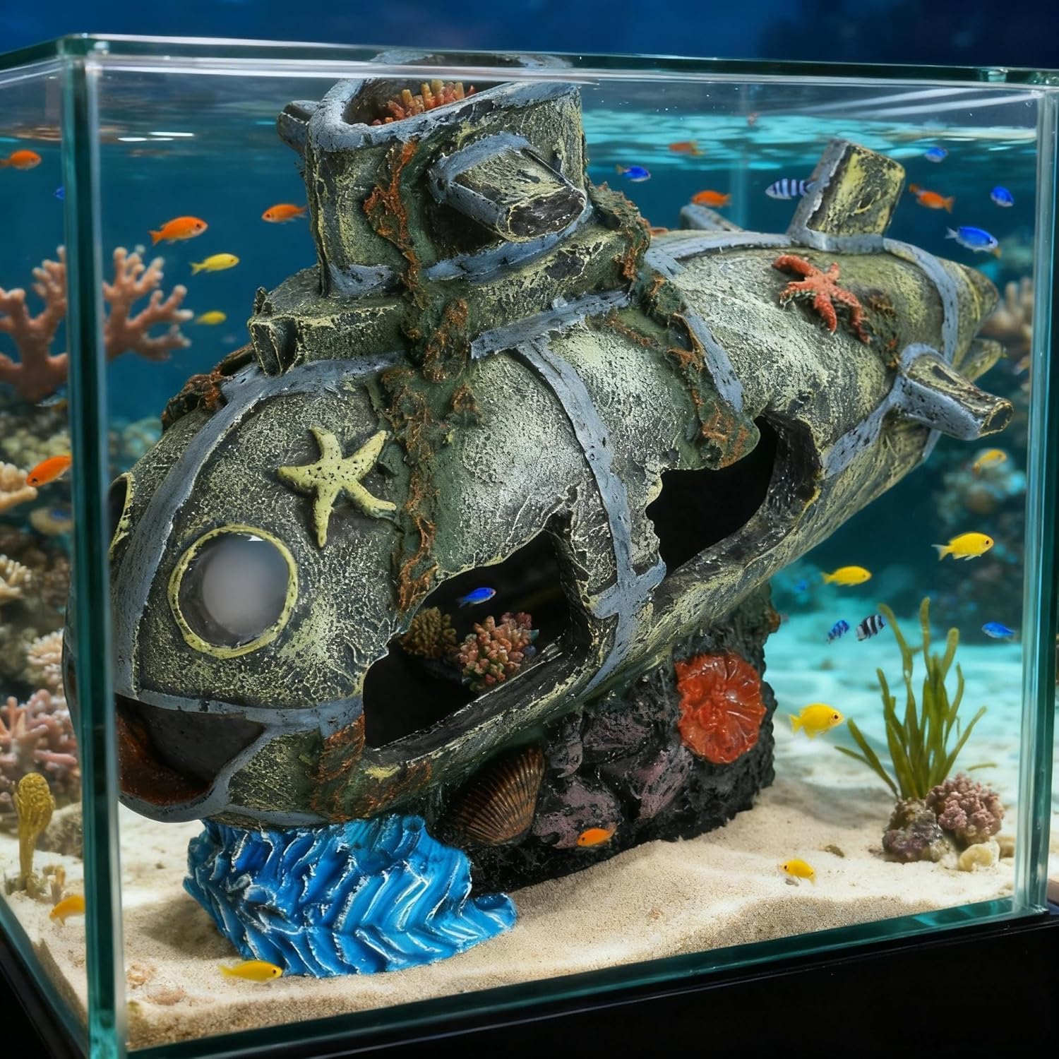 Aquarium Submarine Shipwreck Decor, Realistic Resin Sunken Ship Ornament, Fish Hideout Tank Accessory for Underwater Styling