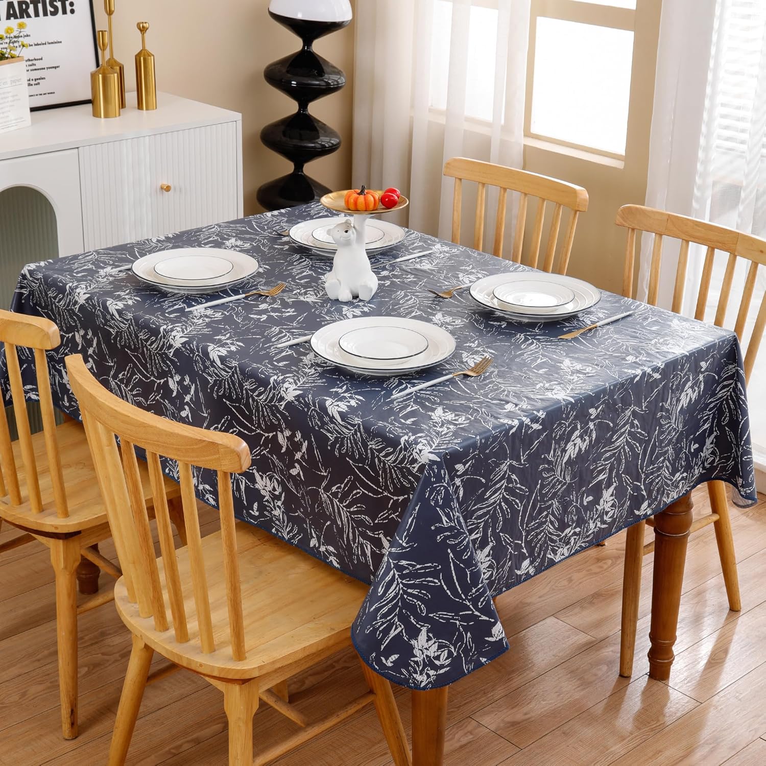 Heavy Duty Vinyl Tablecloth with Flannel Backing Waterproof Oil-Proof Plastic Table Cloth Stain-Resistant Wipeable Rectangle or Square Table Cover for Indoor and Outdoor (Blue Leaf，60x102 Inch)