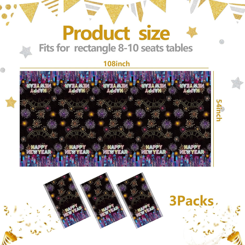 New Years Tablecloth Disposable Plastic Happy New Year Table Cover Colorful Fireworks Tablecloth for NYE Party Decor Favors Supplies 3Pcs 54" X 108"