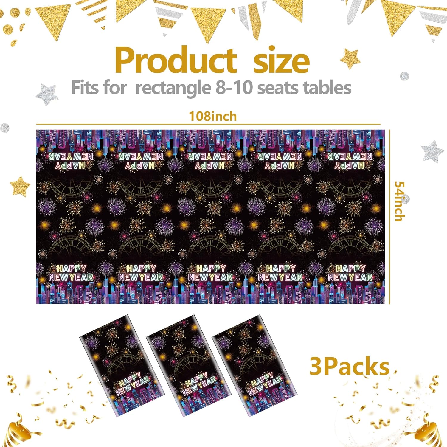 New Years Tablecloth Disposable Plastic Happy New Year Table Cover Colorful Fireworks Tablecloth for NYE Party Decor Favors Supplies 3Pcs 54" X 108"