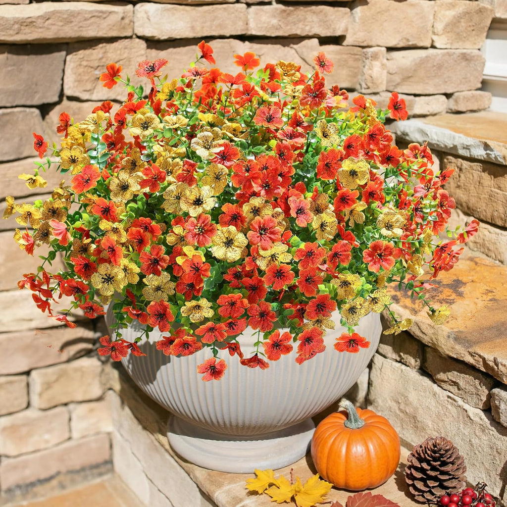 HyeFlora Artificial Fall Flowers Faux Mums for Outdoor Indoor Garden Home Decoration, Faux Flower Daisy with Eucalyptus Leaves Fake Mums Plants Greenery Boxwood Porch Patio, 12 Bundles (OrangeYellow)