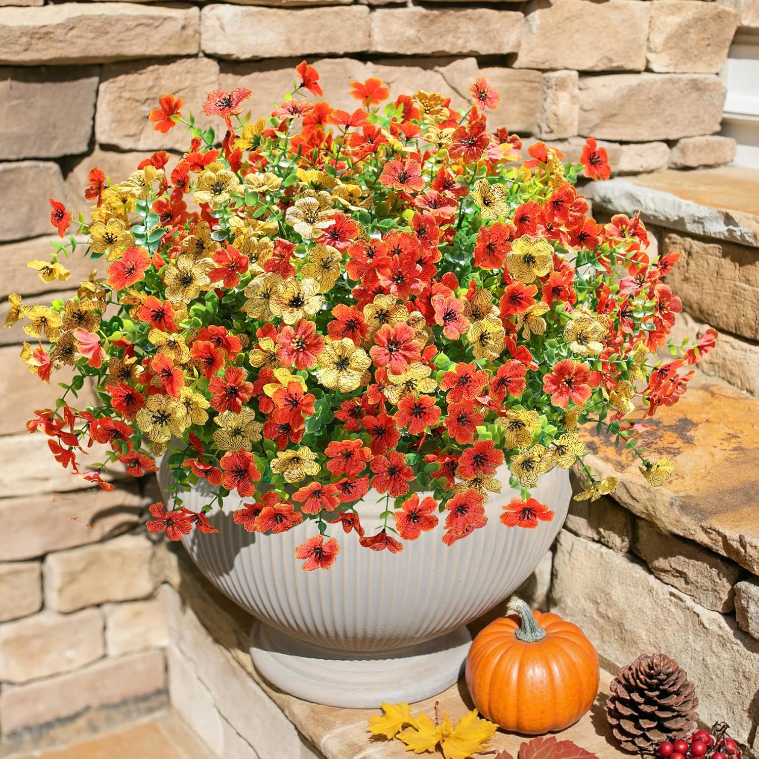 HyeFlora Artificial Fall Flowers Faux Mums for Outdoor Indoor Garden Home Decoration, Faux Flower Daisy with Eucalyptus Leaves Fake Mums Plants Greenery Boxwood Porch Patio, 12 Bundles (OrangeYellow)