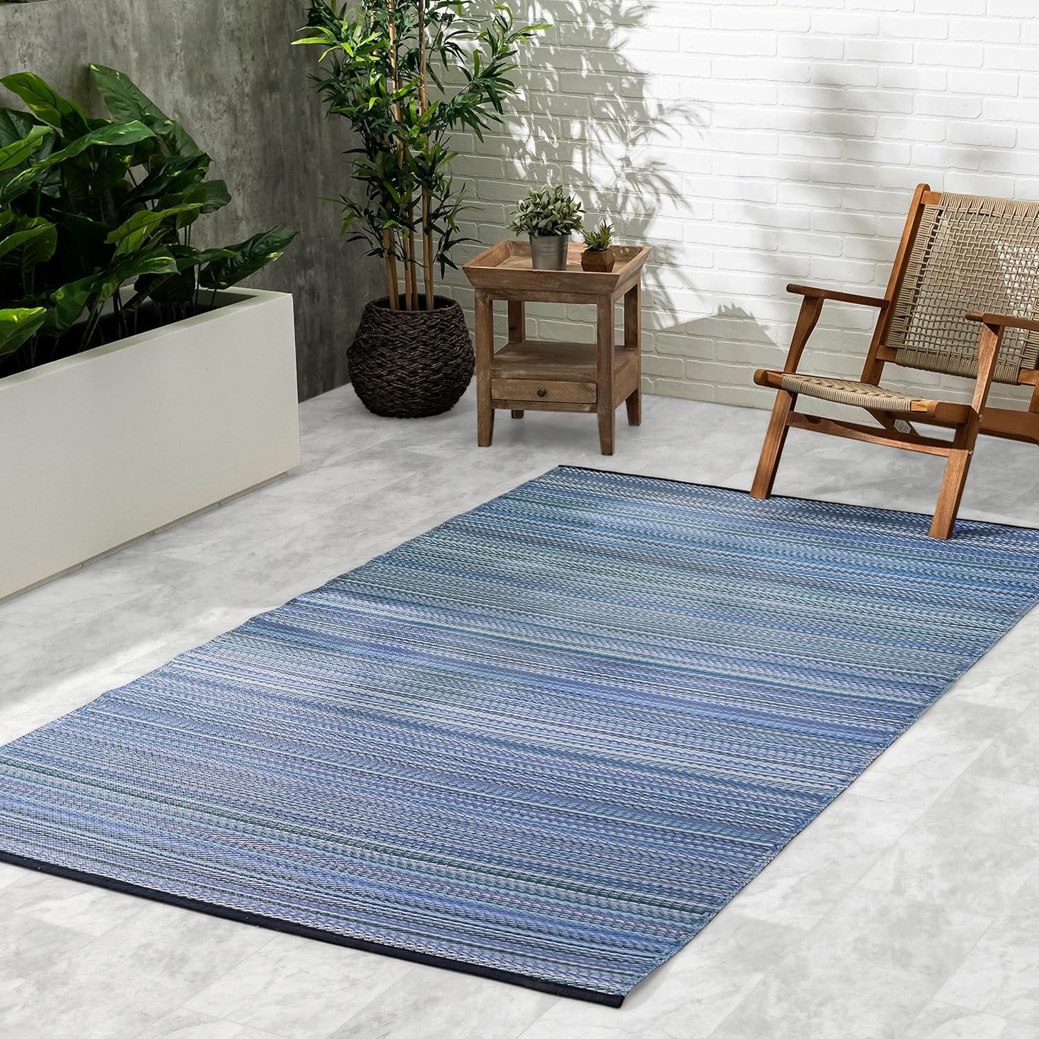 Fab Habitat Outdoor Rug - Waterproof, Fade Resistant, Crease-Free - Premium Recycled Plastic - Striped - Large Patio, Deck, Sunroom, Camping, RV - Cancun - Indigo - 6 x 9 ft