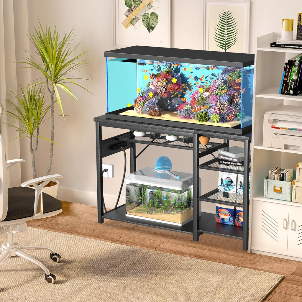 GRLEAF 55-75 Gallon Aquarium Stand: 1200LB Capacity, Built-In Power Outlets, 3-Tier Shelves for Fish Tank Accessories Storage, Heavy-Duty Steel/Wood Hybrid for Fish & Reptile Tanks | Excludes Tank