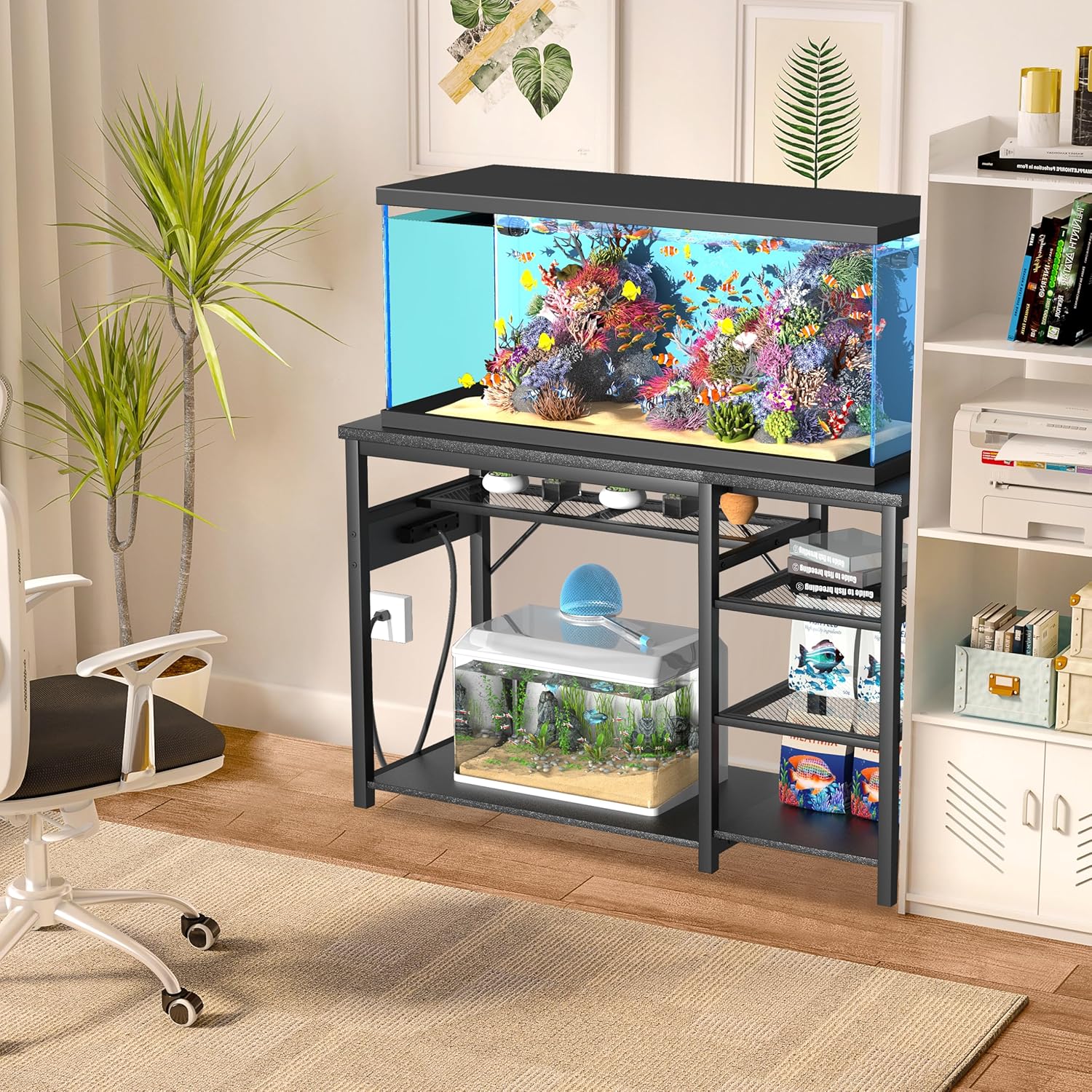 GRLEAF 55-75 Gallon Aquarium Stand: 1200LB Capacity, Built-In Power Outlets, 3-Tier Shelves for Fish Tank Accessories Storage, Heavy-Duty Steel/Wood Hybrid for Fish & Reptile Tanks | Excludes Tank