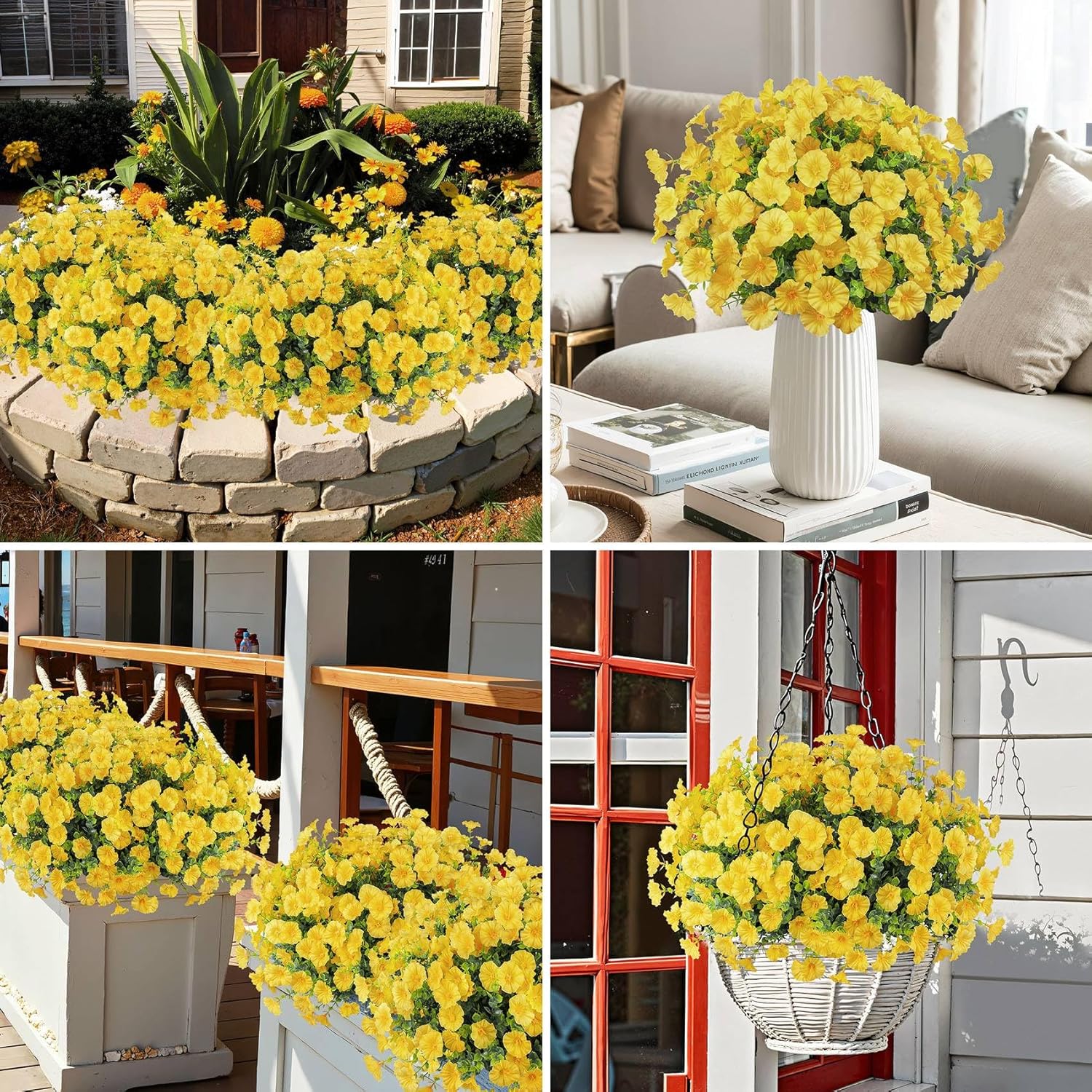 Ouddy Decor 24 Bundles Artificial Flowers for Outdoors Decoration Fake Silk Morning Glory Flowers Faux Eucalyptus Plants UV Resistant for Porch Patio Garden Spring Summer Home Decor, Yellow