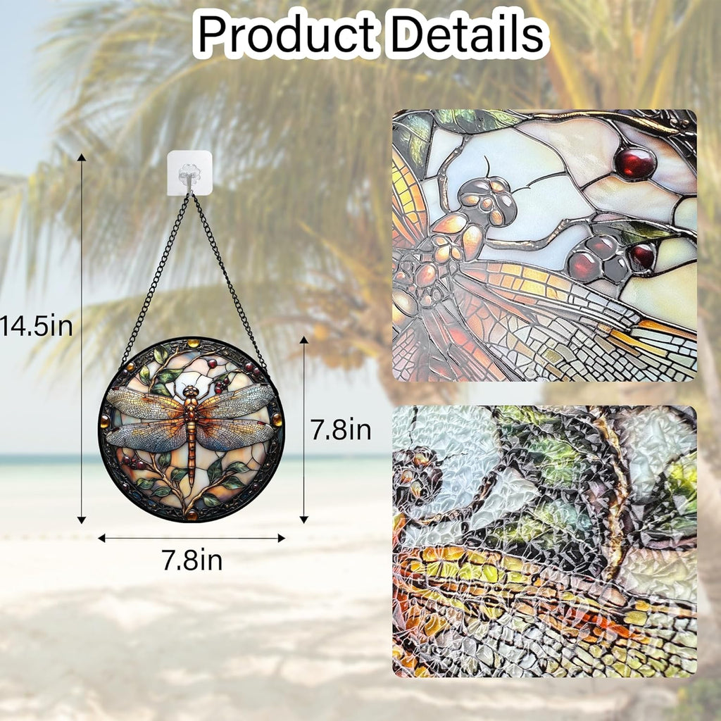 Stained Glass Window Hanging - Dragonfly Plant Suncatcher Ready to Hang Window Doors Home Decoration, Christmas, Mother's Day Birthday Gifts for Women, Men, and Mom 7.8x7.8 in