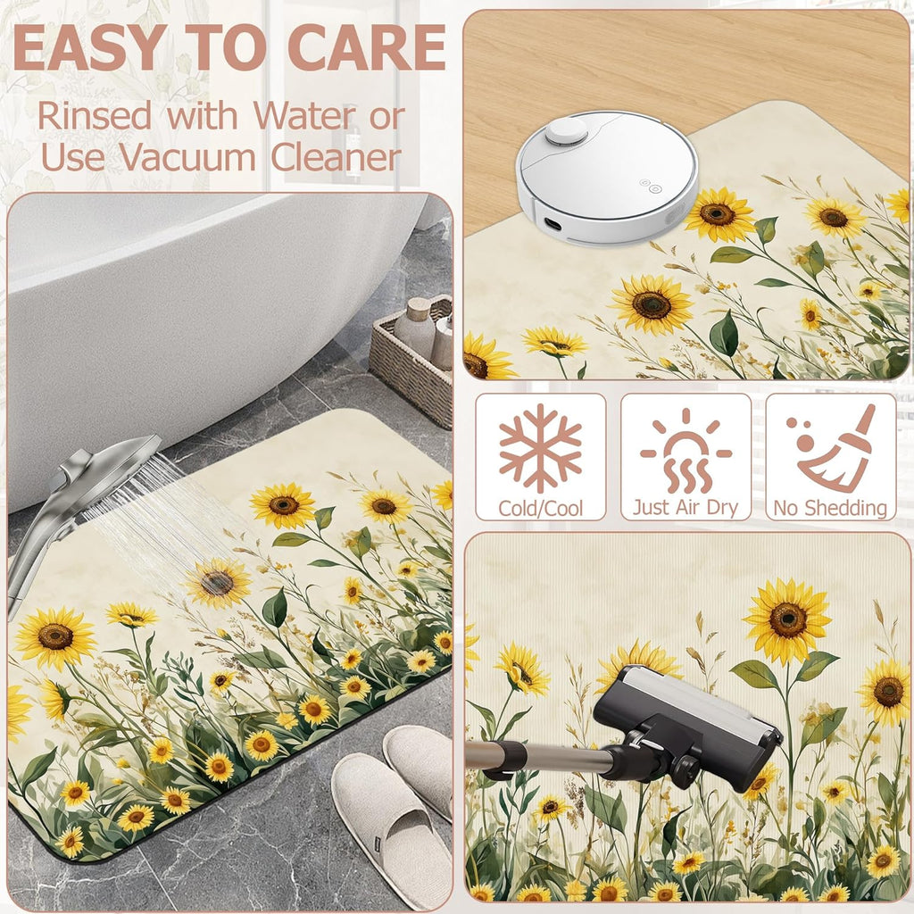 Yellow Floral Bath Mat,Sunflower Daisy Diatomaceous Earth Bath Mat,Rubber Backing Quick Dry Absorbent Washable Bathroom Rugs for Tub Non Slip 17"x29.5"