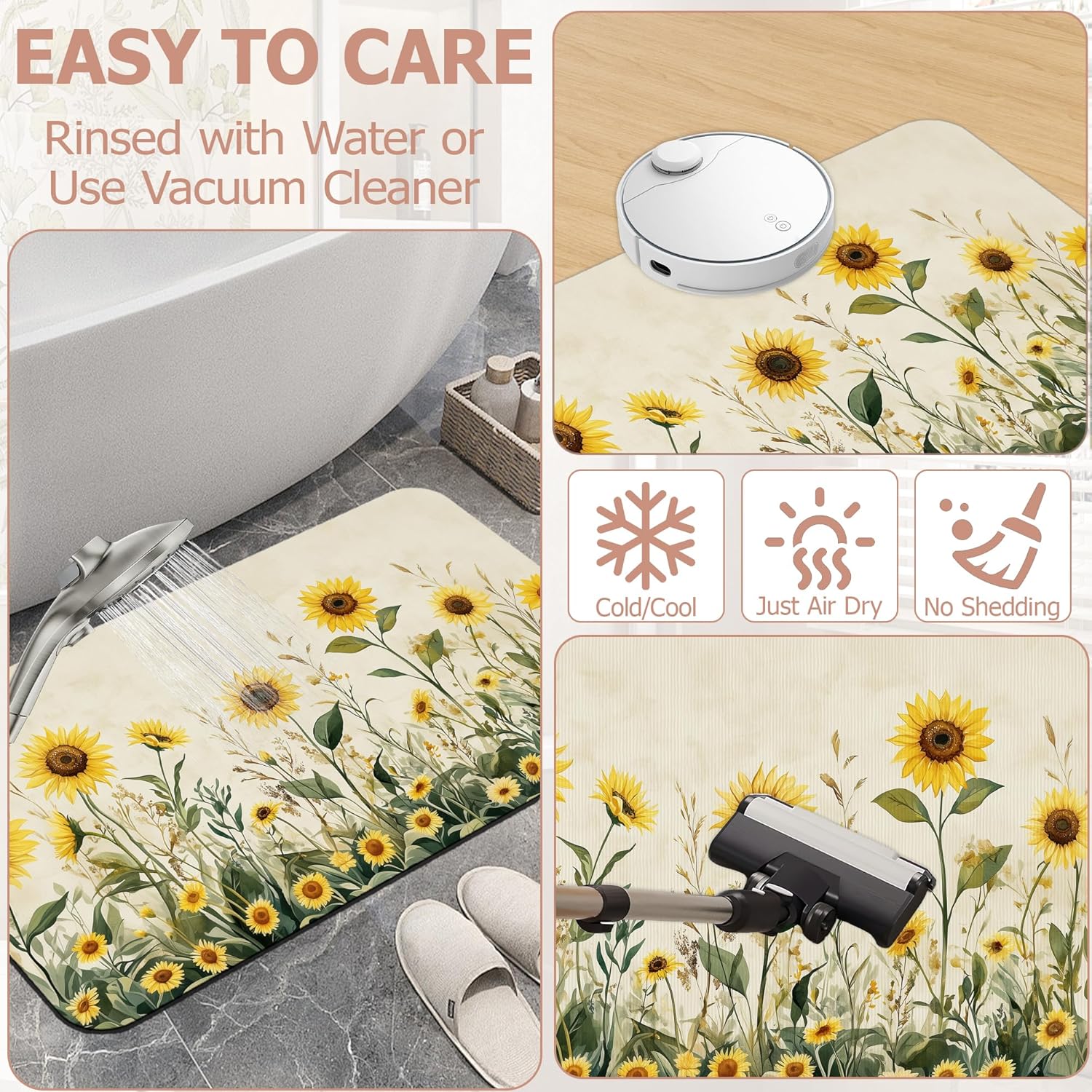 Yellow Floral Bath Mat,Sunflower Daisy Diatomaceous Earth Bath Mat,Rubber Backing Quick Dry Absorbent Washable Bathroom Rugs for Tub Non Slip 17"x29.5"