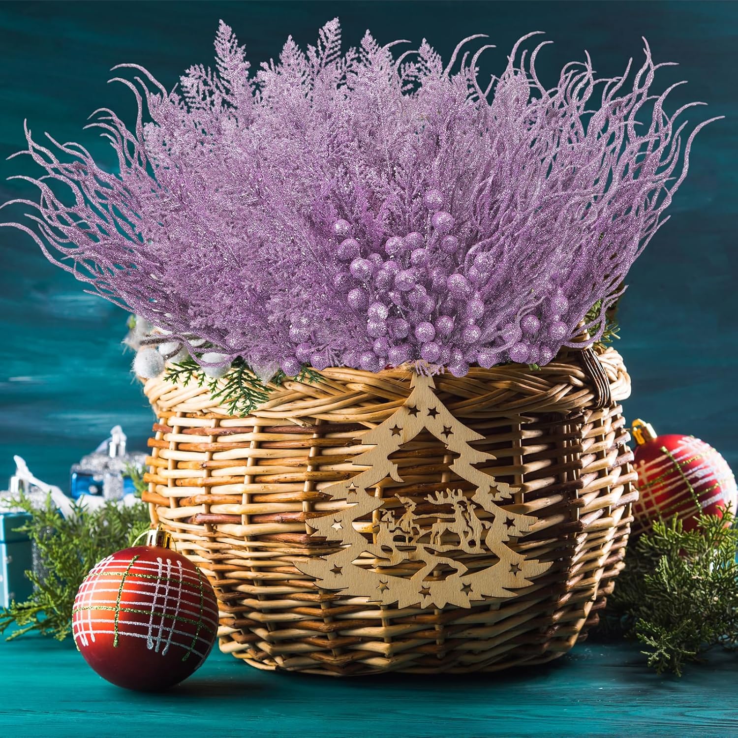 75 Pcs Christmas Glitter Branches 3 Styles Artificial Christmas Picks Berries Stems Pine Needles Floral Twig Spray for Xmas Tree Ornaments DIY Wreath Garland(Light Purple)