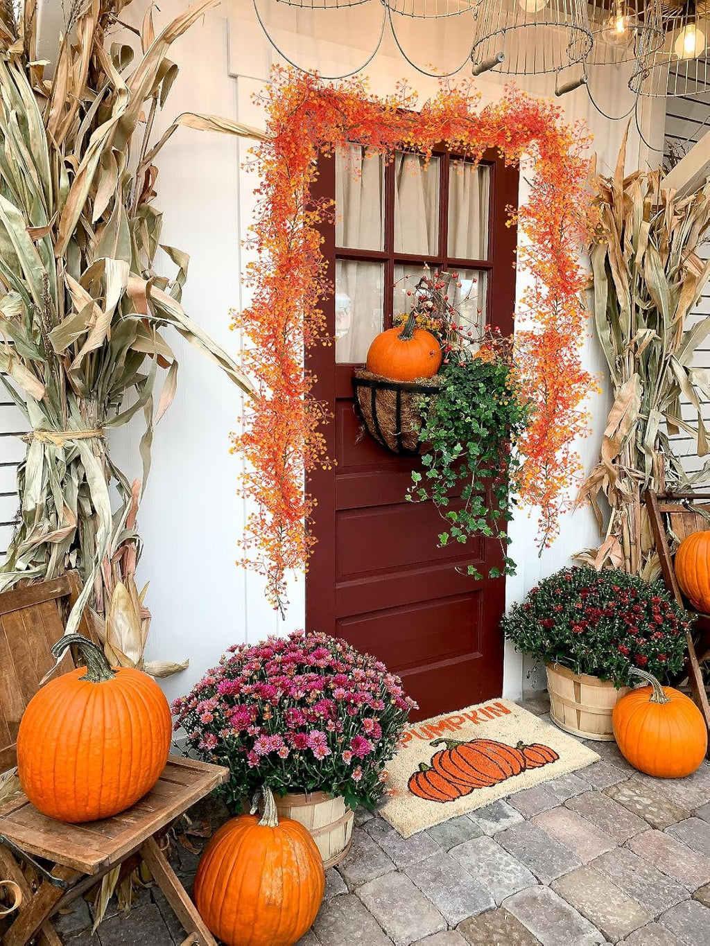 RECUTMS Artificial Hanging Plant 2Pcs 5.6Ft Fall Garland Plant Greenery Faux Ferns Leaves Fake Ivy Garland for Home Indoor Outdoor Wedding Table Centerpiece Party Garden Decor(Orange)