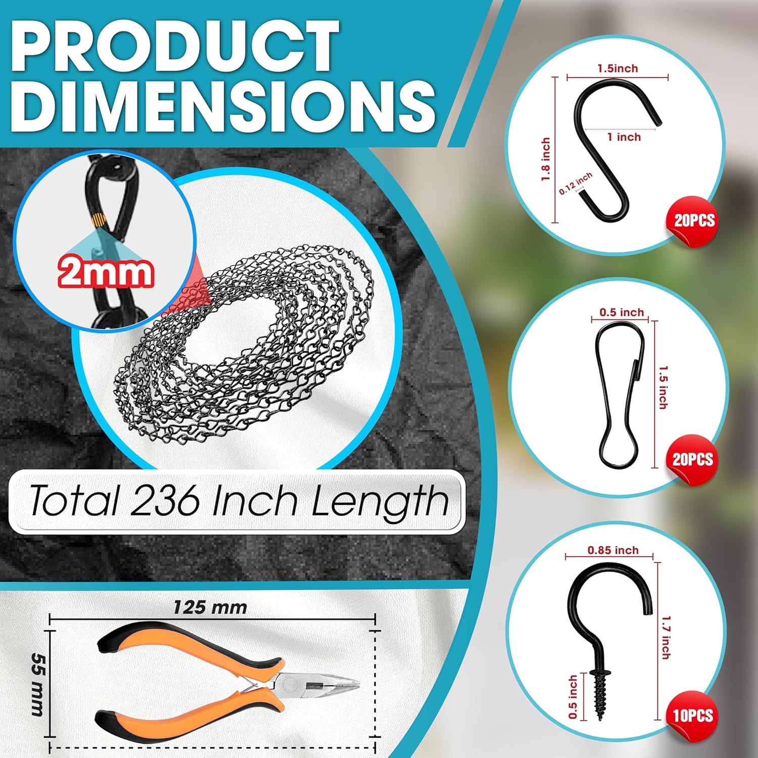 [Upgraded] 236” Black Electroplated Steel Hanging Chain with S-Hooks, Snap Hooks, Ceiling Hooks & Pliers, 33LBS Load Bearing, Adjustable Length for Hanging Bird Feeders, Planters, Lanterns, Billboards