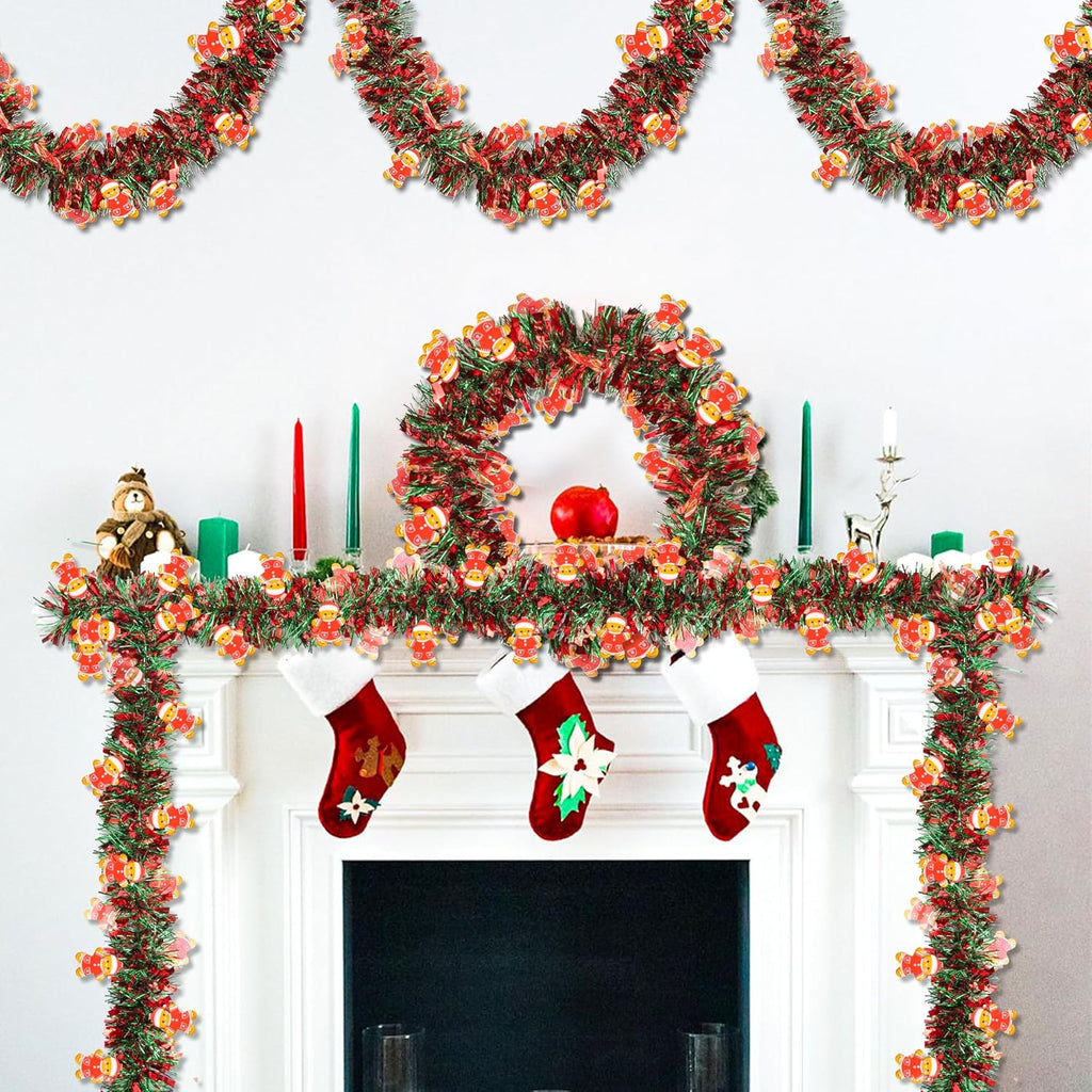 50 FT Christmas Tinsel Garland Christmas Decorations with Gingerbread Man Ornament, Red Green Shiny Metallic Twist Christmas Garland for Xmas Tree Home Mantle Stairs Indoor Outdoor Holiday Party Decor