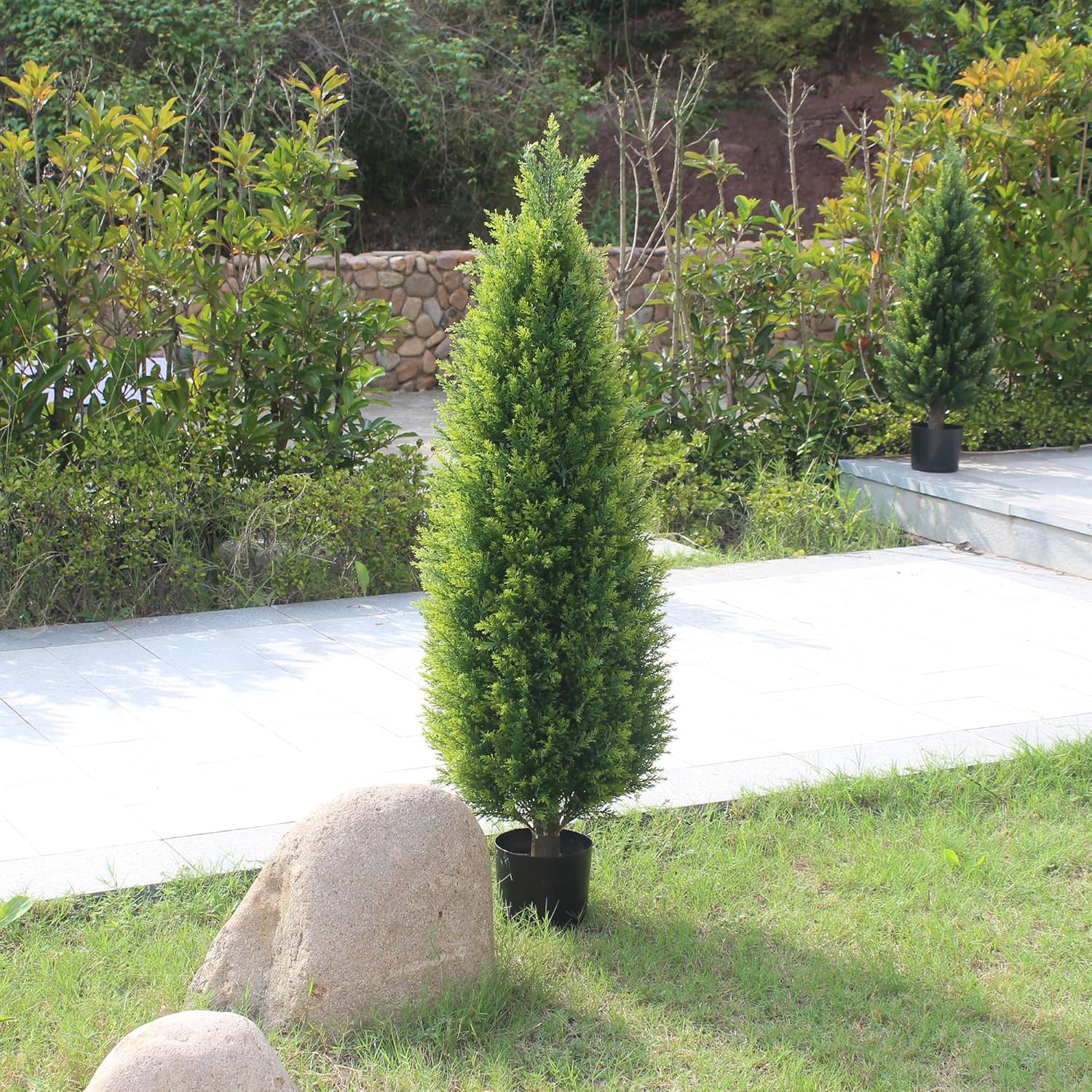 Two 4ft Artificial Topiary Tree Fake Bushes Potted Plants UV Resistant Faux Cedar Trees Artificial Outdoor Shrubs for Front Porch Garden