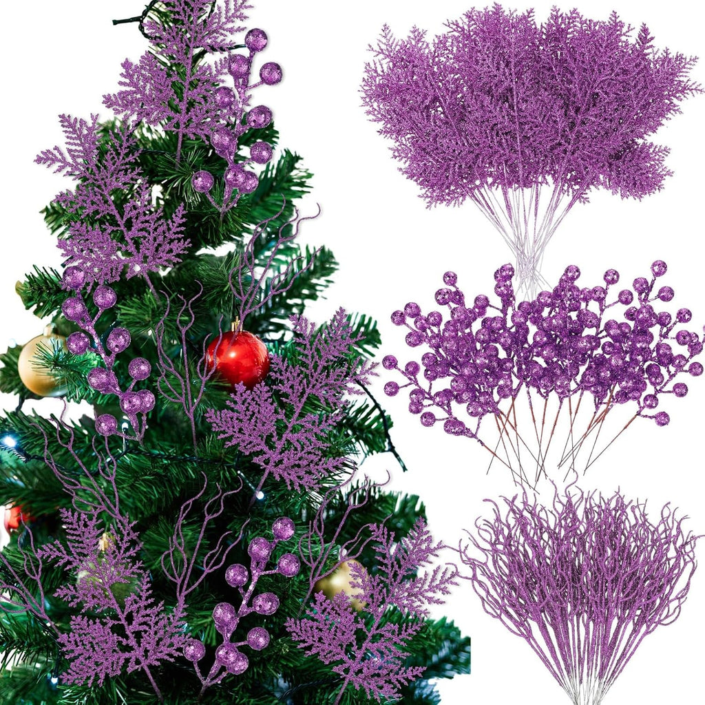75 Pcs Christmas Glitter Branches 3 Styles Artificial Christmas Picks Berries Stems Pine Needles Floral Twig Spray for Xmas Tree Ornaments DIY Wreath Garland(Purple)