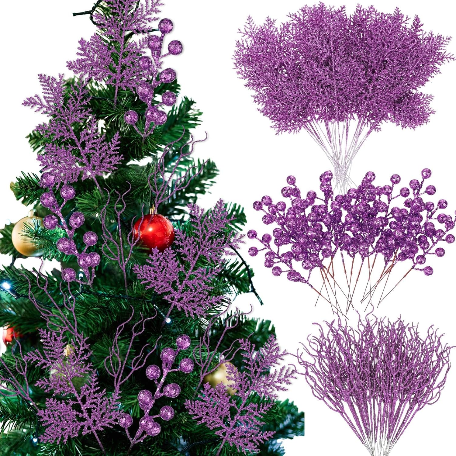 75 Pcs Christmas Glitter Branches 3 Styles Artificial Christmas Picks Berries Stems Pine Needles Floral Twig Spray for Xmas Tree Ornaments DIY Wreath Garland(Purple)