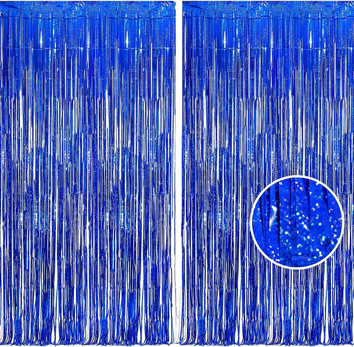 BRAVESHINE Blue Tinsel Foil Fringe Curtains - 2Pcs 3.2x8.2 ft Metallic Holidays Photo Backdrop for Boys Men Birthdays Homecoming Bachelor Bachelorette Engagement Sea Theme Ramadan Party Decorations