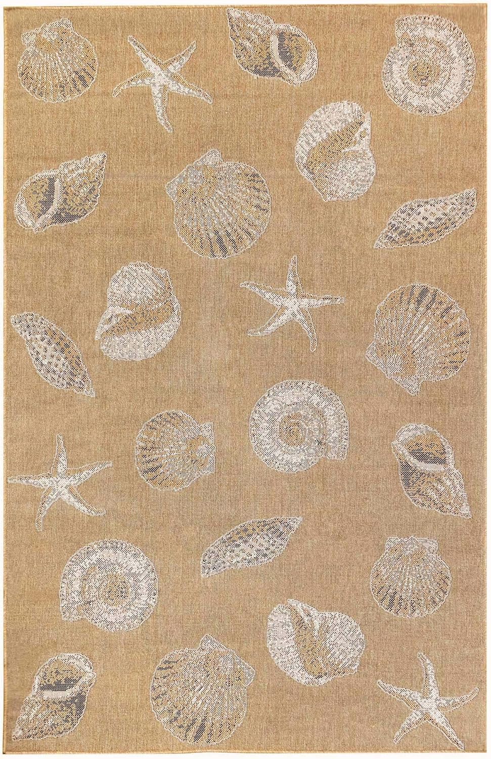 Liora Manne CARMEL Indoor/Outdoor Power Loomed Synthetic Blend Low Profile Area Rug - Transitional Coastal Seashell Decorative (Shells Sand) (6'6" x 9'4")