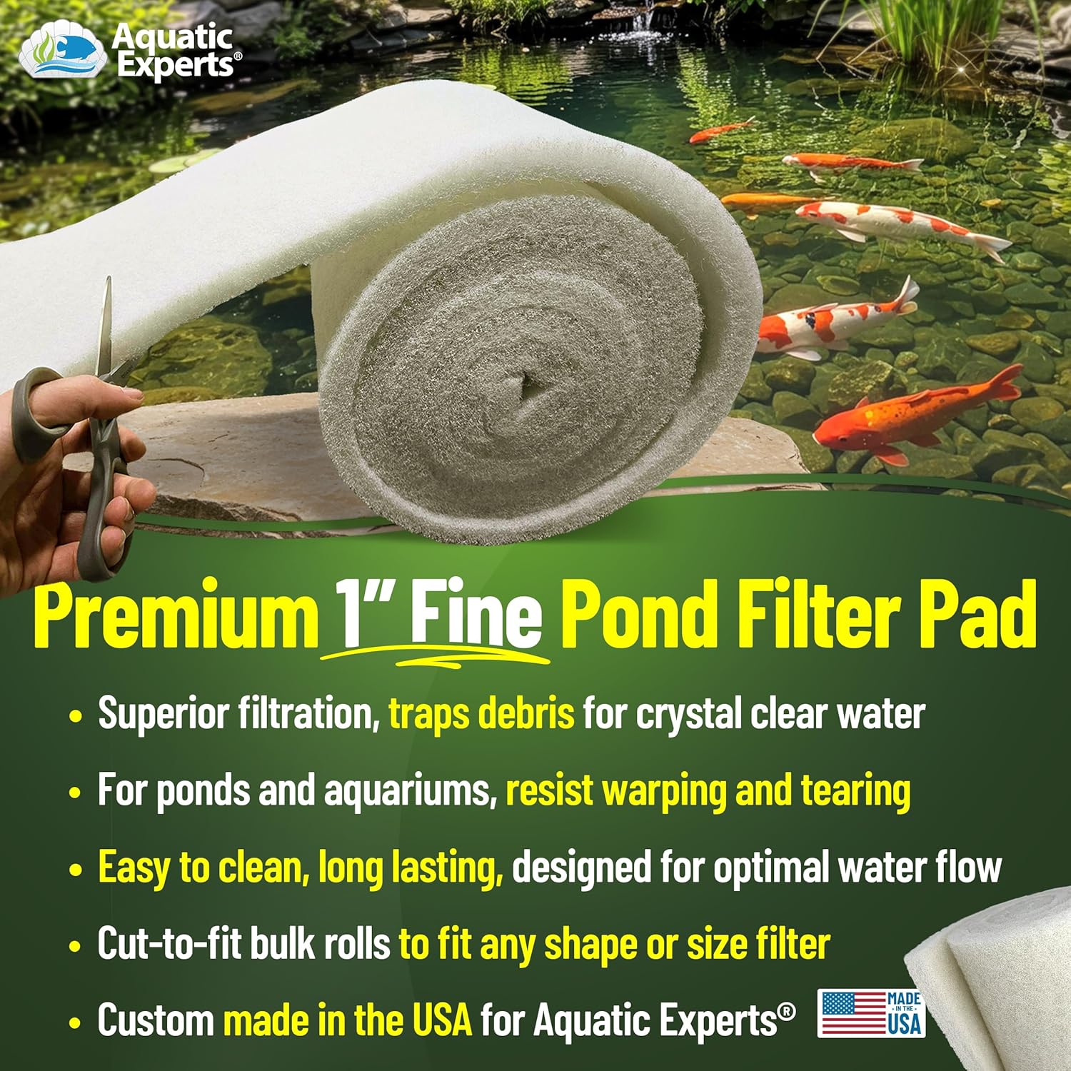 Classic Koi Pond Filter Pad FINE - White Bulk Roll Pond Filter Media, Ultra-Durable Pond Filters for Outdoor Ponds, Reusable Fish Pond Filter Material, USA, Aquatic Experts (3/4" - 1" x 24" x 56")