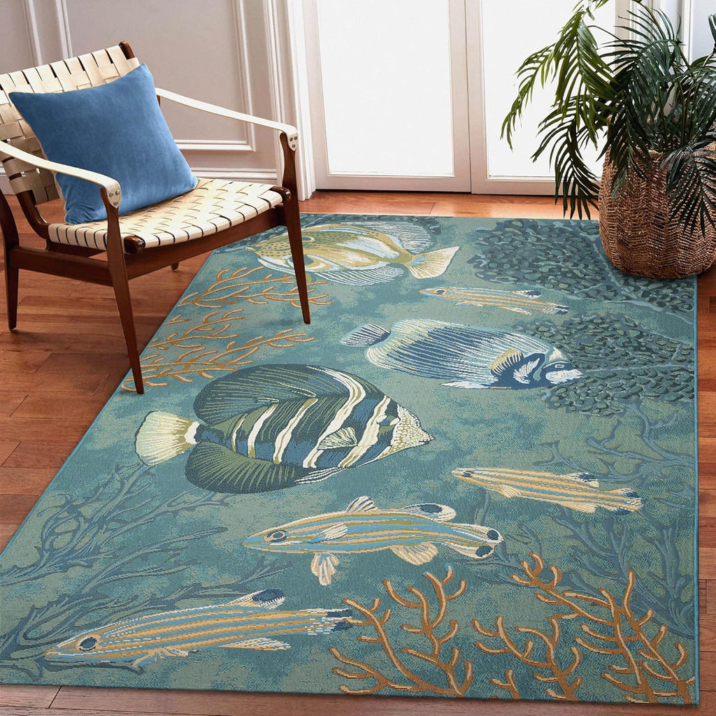 Liora Manne Marina Indoor/Outdoor Power Loomed Synthetic Blend Low Profile Area Rug - Transitional Graphic Coastal Animal Colorful (Fish Aqua) (4'10" x 7'6")