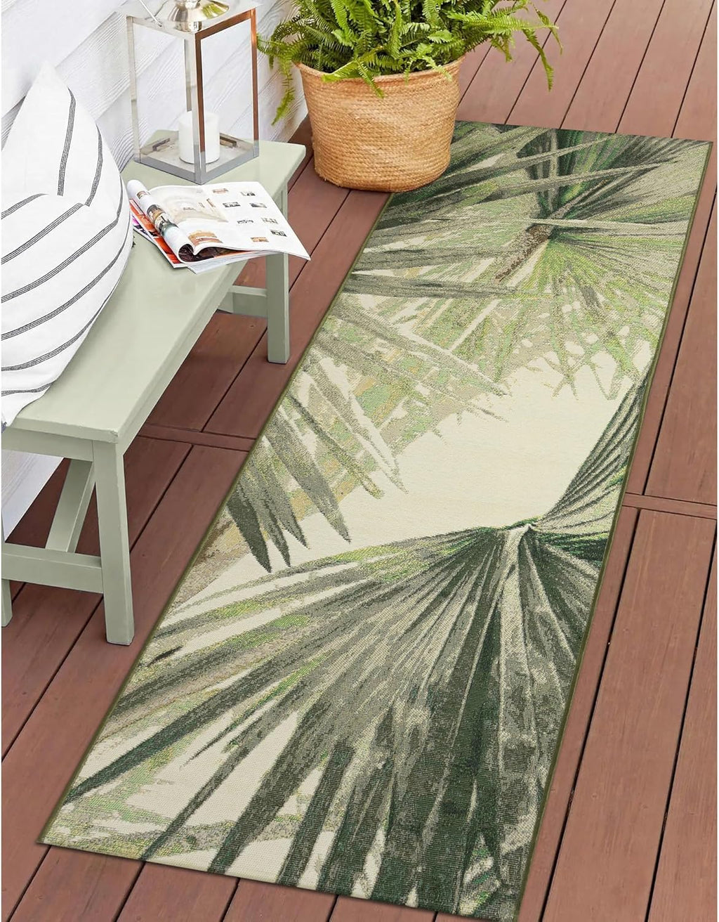 Liora Manne Marina Indoor/Outdoor Power Loomed Synthetic Blend Low Profile Area Rug - Transitional Graphic Botanical Beach Colorful (Palm Fan Green) (1'11" x 7'6")