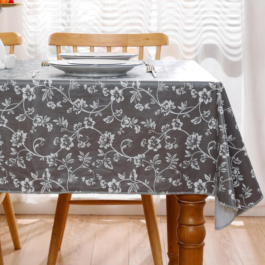 Heavy Duty Vinyl Tablecloth with Flannel Backing Waterproof Oil-Proof Plastic Table Cloth Stain-Resistant Wipeable Rectangle or Square Table Cover for Indoor and Outdoor (Grey Floral,52x70 Inch)
