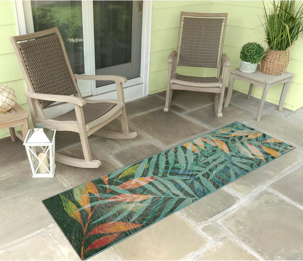 Liora Manne Marina Indoor/Outdoor Power Loomed Synthetic Blend Low Profile Area Rug - Contemporary Graphic Botanical Floral Colorful (Leaves Blue) (1'11" x 7'6")