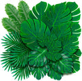 Decopom Artificial Palm Leaves 60-108 Pack - 6 Kinds Large Small Green Fake Palm Leaf with Stems for Safari Jungle Hawaiian Luau Party Table Decoration Wedding Birthday