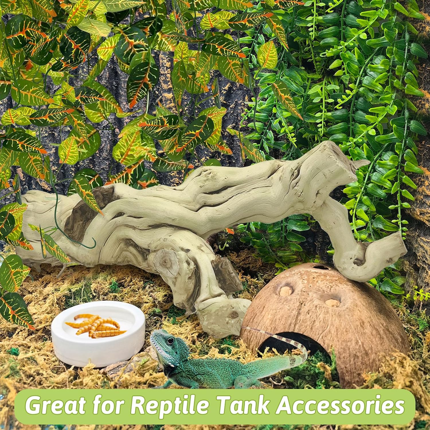 VCEPJH 4 Pcs Reptile Plants, Climbing Wood Branch Terrarium Hanging Fake Plant Leaves Bearded Dragon Tank Accessories, Habitat Decor for Snake Leopard Gecko Lizard Chameleon (Style 3)
