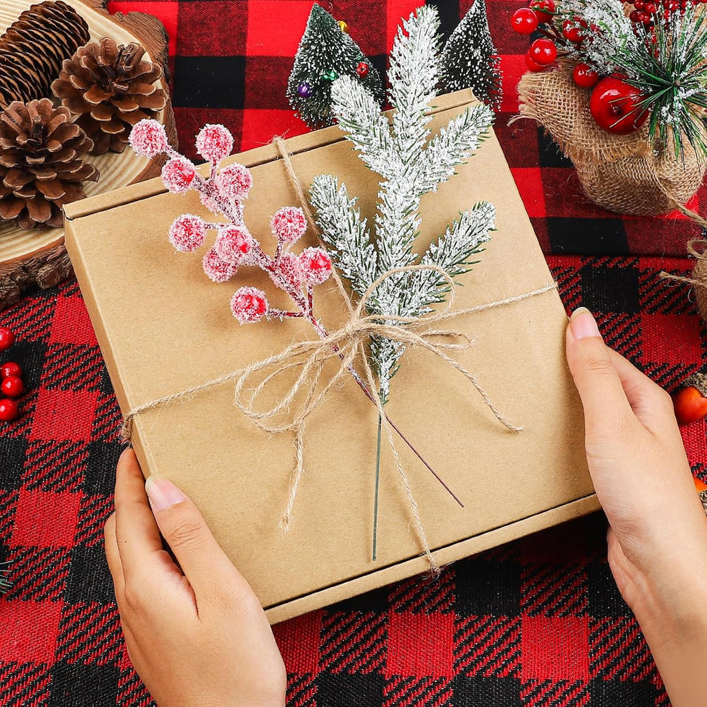 YIYA 30PCS Artificial Christmas Snow Frosted Berries Christmas Snowy Pine Needles Artificial Christmas Flowers for Home Decor Winter Wedding Decor Holiday DIY Crafts