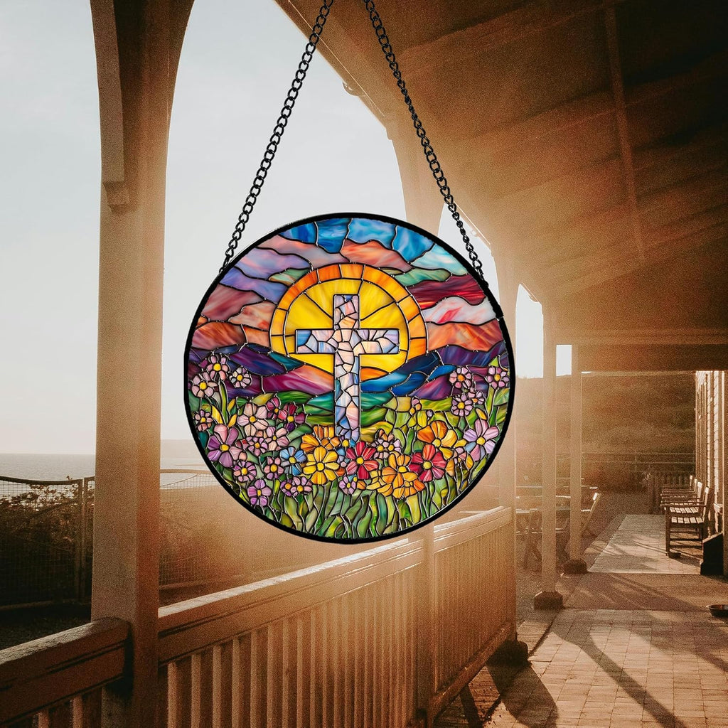 Stained Glass Window Hanging - Cross Flower Sea Sun Catcher for Door Terrace Garden Home Decor, Mountains Landscape Suncatcher Birthday Gifts for Lovers Women Men Dad Mom Nana 9.8 in