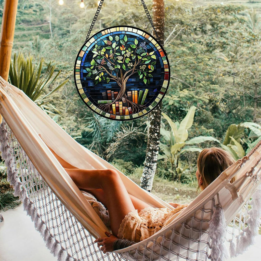 Stained Glass Window Hanging Green Life Tree Berry Book 7.8" - Blue Suncatcher Door Garden Sun Catcher Home Decor Birthday Christmas for Mom Men Woman Nana Friend