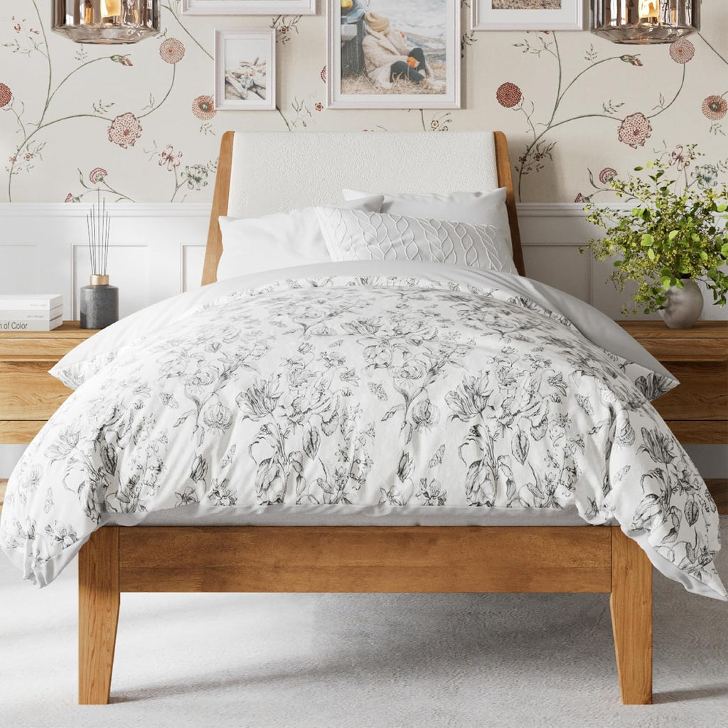 DG Casa Vandermark Solid Wood Easy Install Twin Bed Frame with Unique Headboard and Wooden Slat Support Included No Box Spring Required - Beige Walnut
