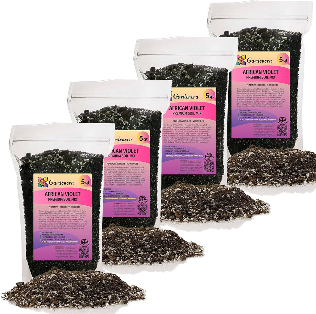 Premium African Violets and Gesneriad Premium Soil Mix by Gardenera - 20 Quart - Horticultural Perlite, Vermiculite, Sphagnum Peat Moss - Made in USA - (4 Bags of 5QT)