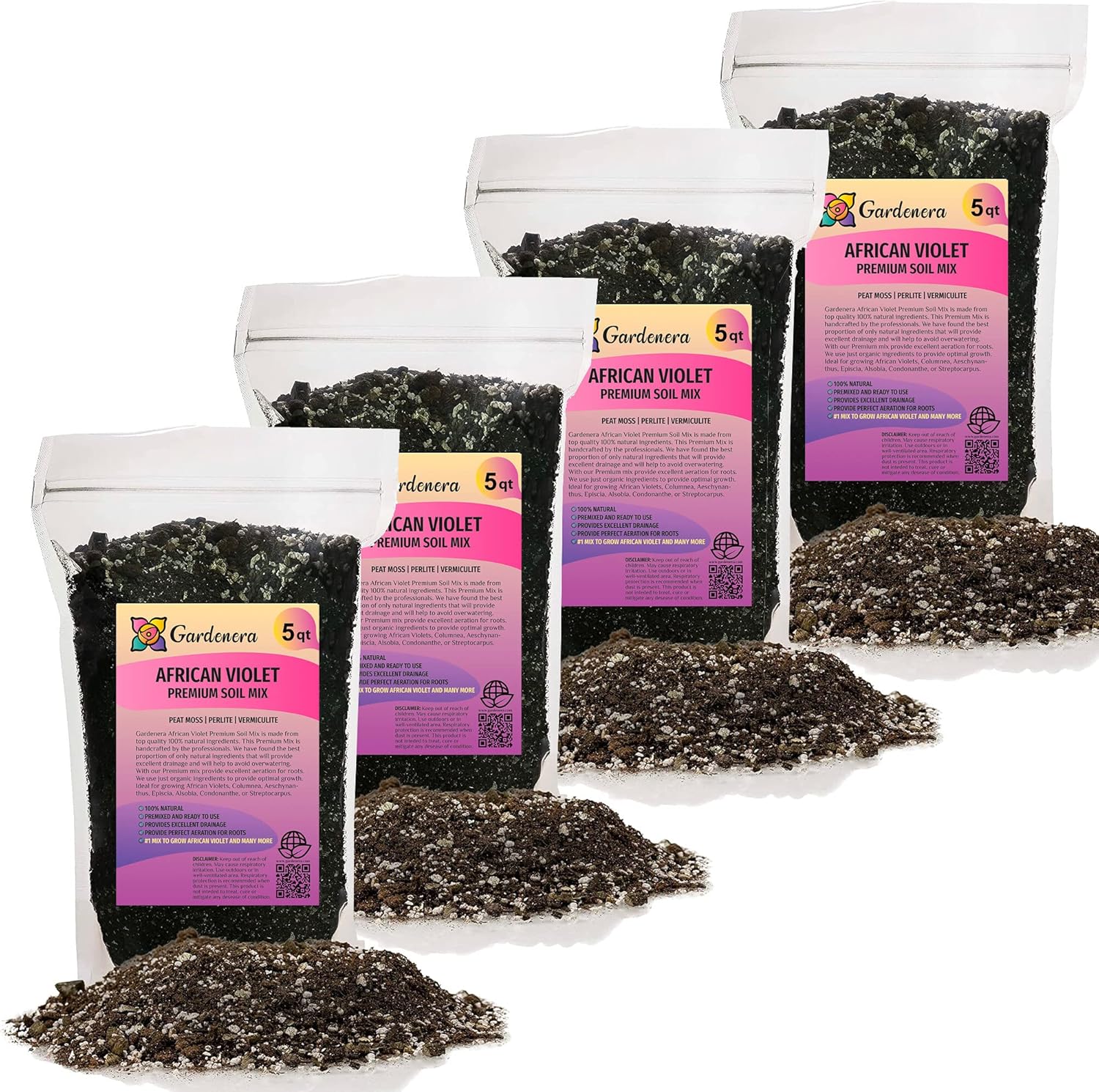 Premium African Violets and Gesneriad Premium Soil Mix by Gardenera - 20 Quart - Horticultural Perlite, Vermiculite, Sphagnum Peat Moss - Made in USA - (4 Bags of 5QT)