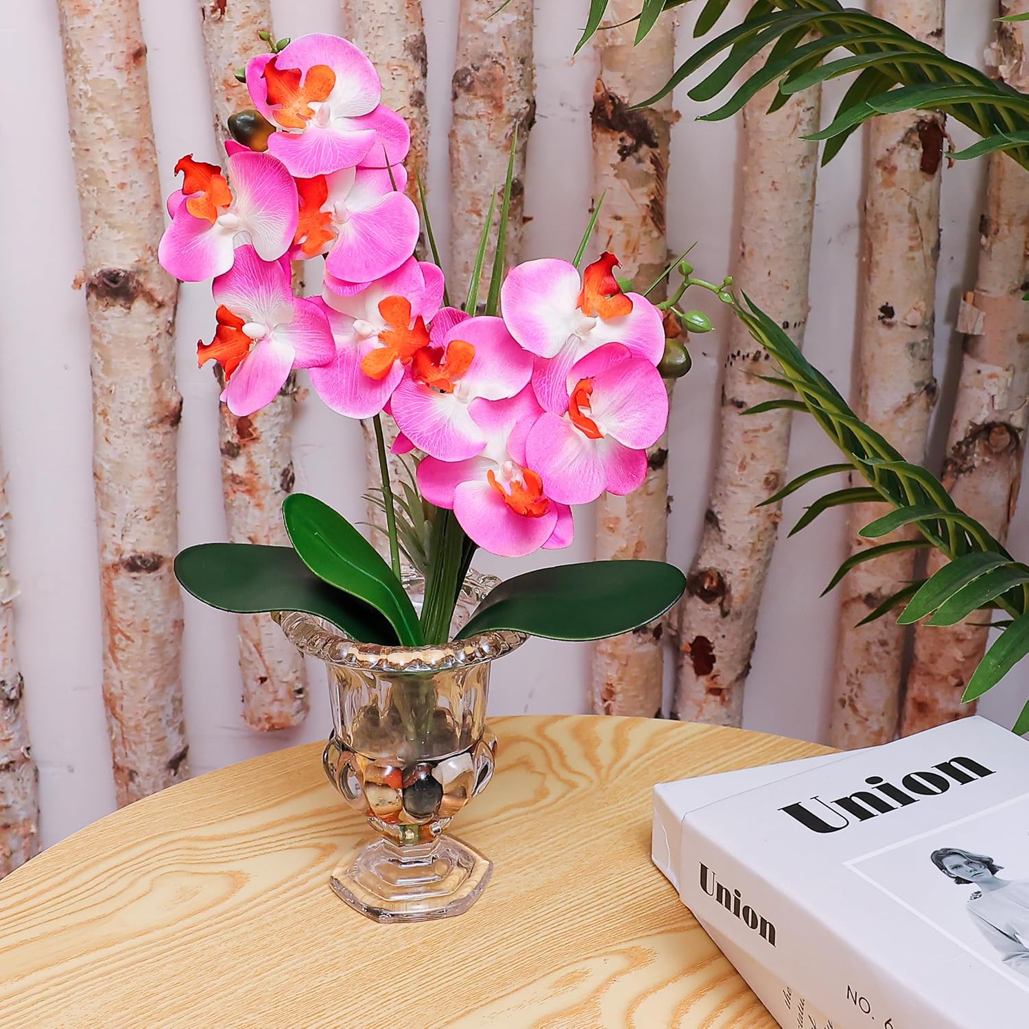 Jusdreen Artificial Purple Orchid Centerpiece, 14.5 Inch Phalaenopsis in Glass Vase with Potting for Home Office Table Decor, Realistic Orchid Arrangement