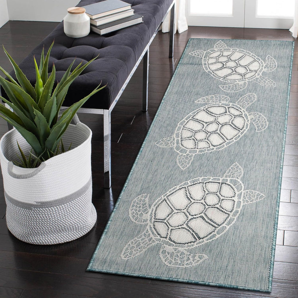Liora Manne Carmel Indoor/Outdoor Power Loomed Synthetic Blend Low Profile Area Rug - Transitional Coastal Turtle Decorative (Seaturtles Aqua) (1'11" x 4'11")