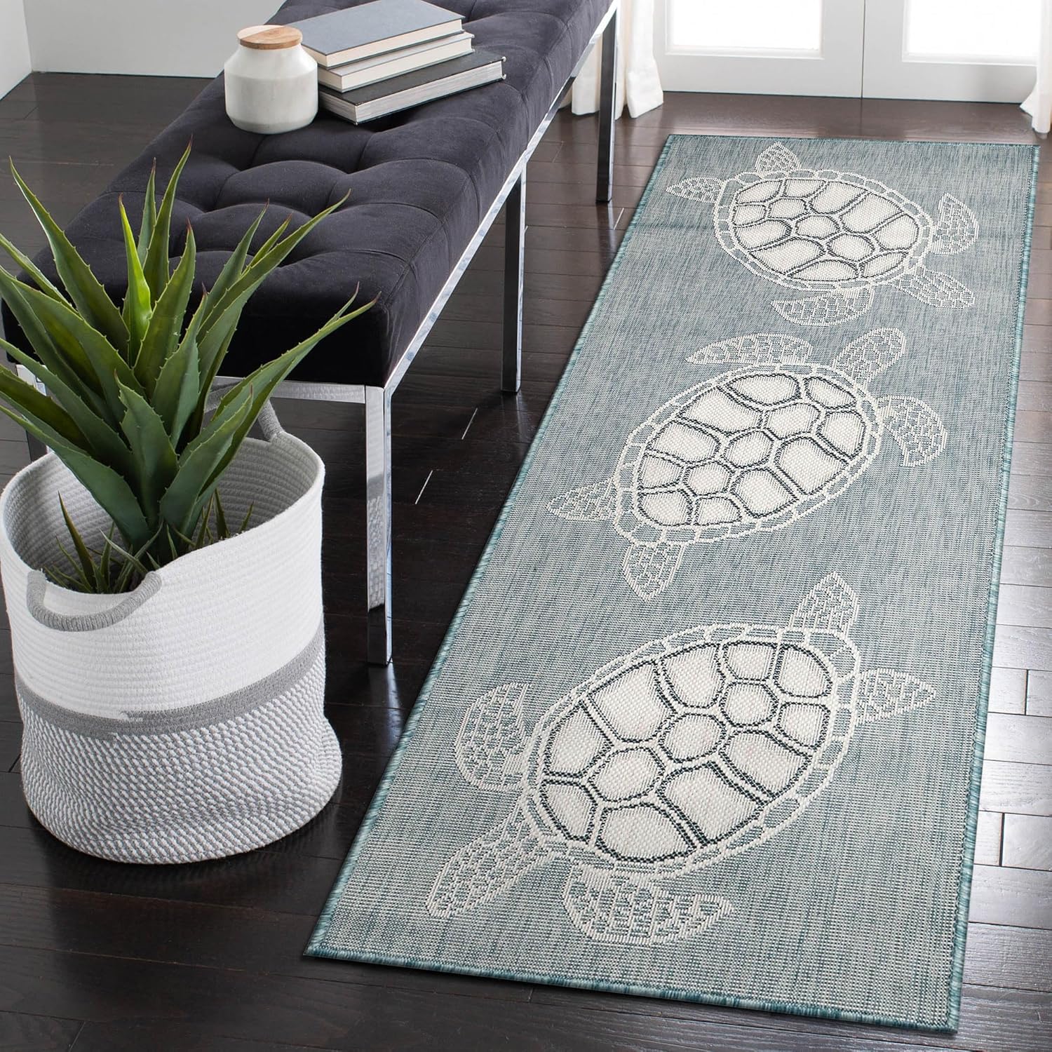 Liora Manne Carmel Indoor/Outdoor Power Loomed Synthetic Blend Low Profile Area Rug - Transitional Coastal Turtle Decorative (Seaturtles Aqua) (1'11" x 4'11")