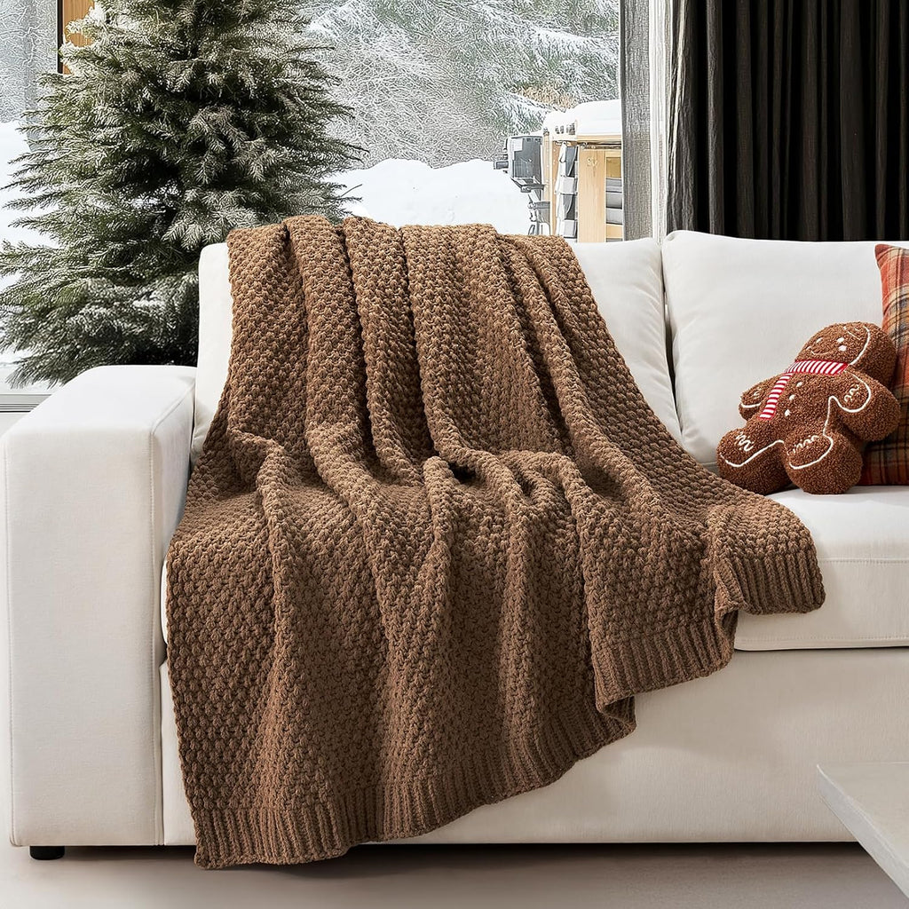 EVERGRACEHOME Chunky Chenille Knit Throw Blanket for Couch, Soft Luxurious Moss Stitch Blankets for Bed, Cozy Decorative Farmhouse Knitted Throws for Sofa, Camel Brown, 60" x 80"