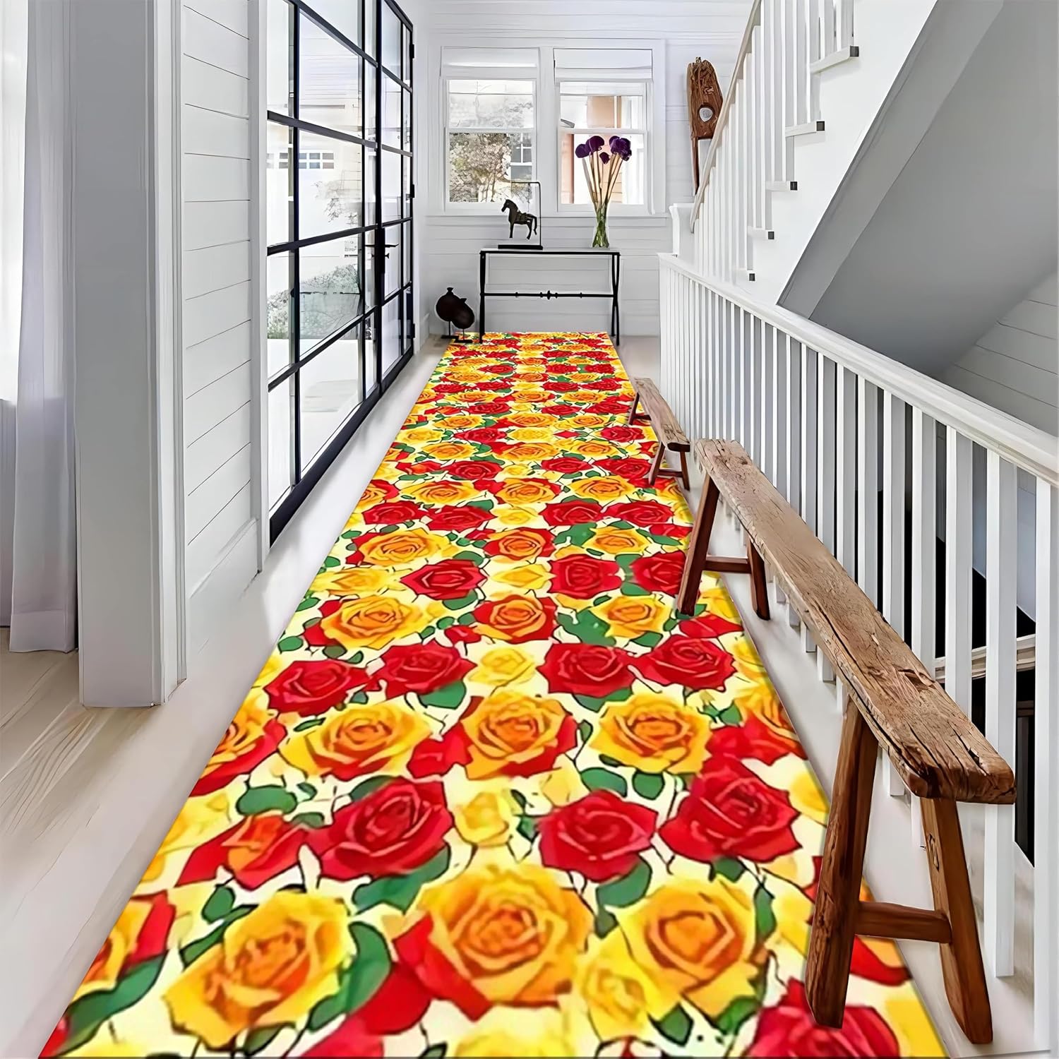 Romantic Rose Flower Rugs for Living Room, 2x6ft, Red Yellow Flower Plant Hallway Carpet, Low Pile Non-Shedding Easy Clean Fade Resistant with Non Slip Backing Mats for Indoor Bedside