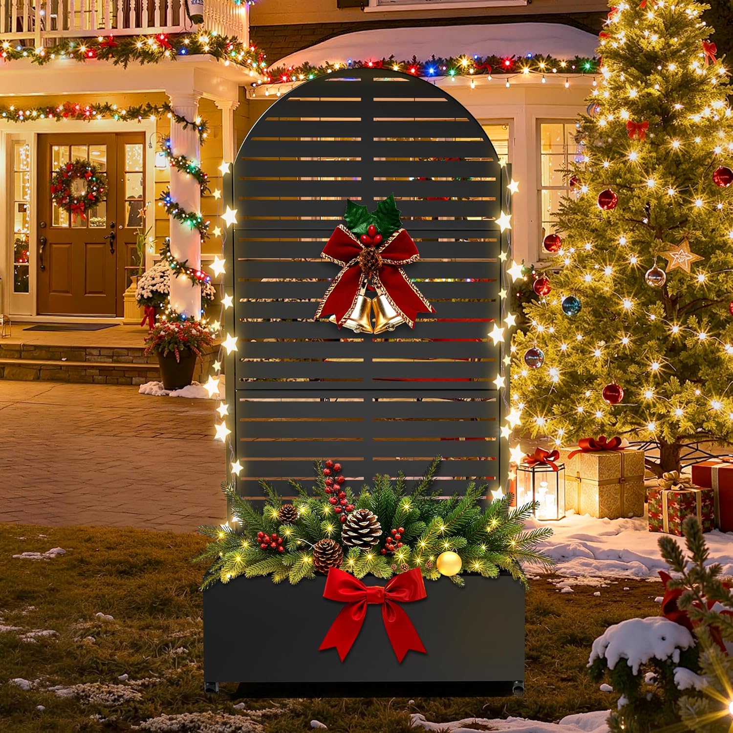 FENCY Metal Raised Garden Bed with Wheels and Trellis,Arched 73"x35"x16" Planter Box for Climbing Plants, Vegetables & Vines, Features Privacy Screen and Drainage Holes (Black-Louvered)