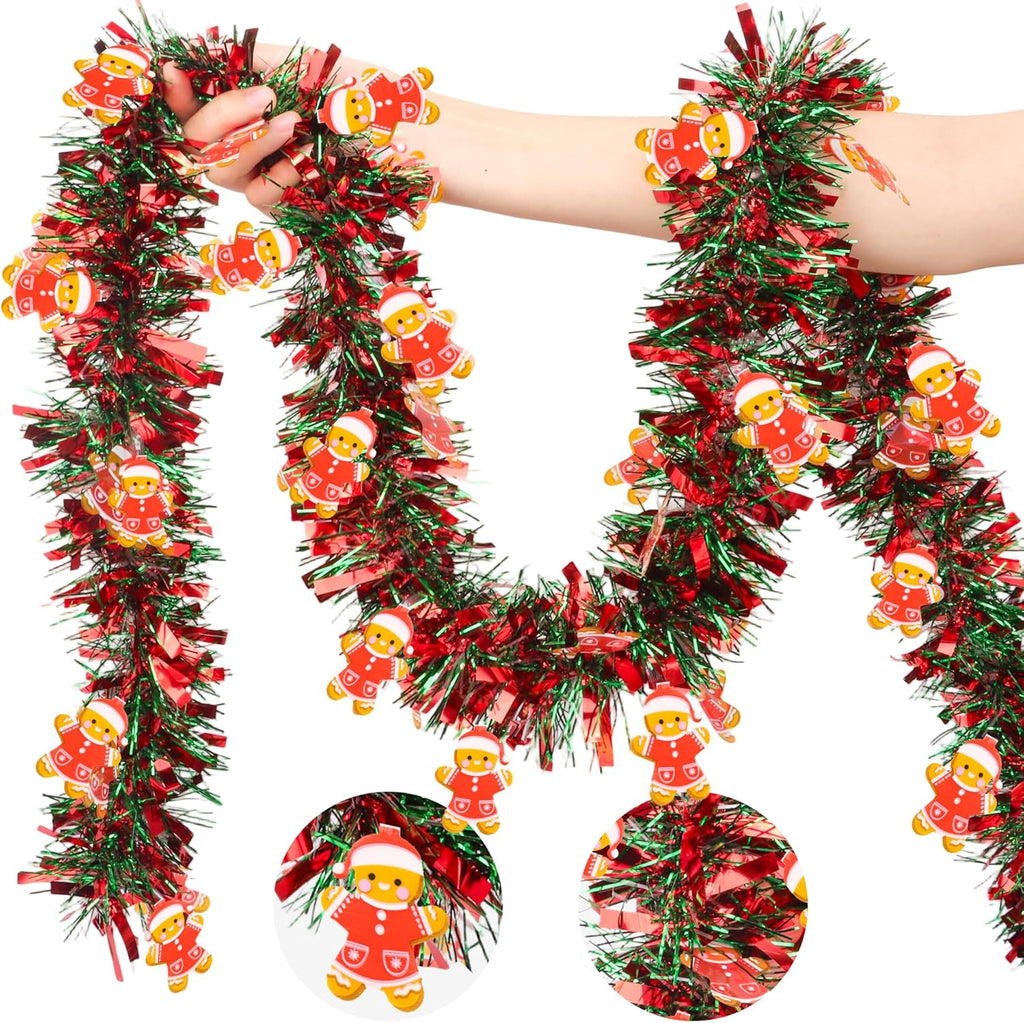 50 FT Christmas Tinsel Garland Christmas Decorations with Gingerbread Man Ornament, Red Green Shiny Metallic Twist Christmas Garland for Xmas Tree Home Mantle Stairs Indoor Outdoor Holiday Party Decor