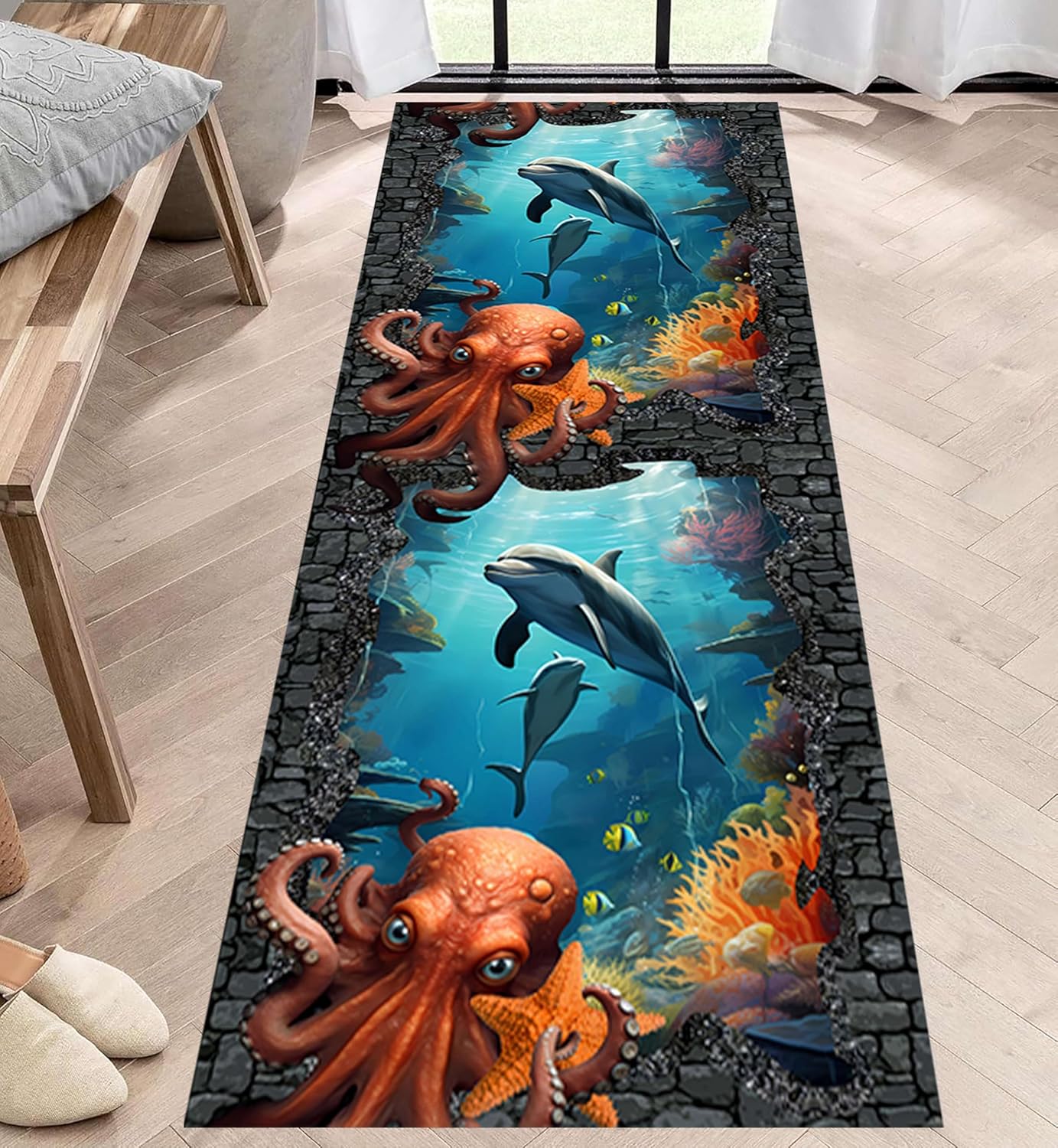 Ocean Octopus Runner Rug, 3.3x7ft, 3D Illusion Trap Ocean Nautical Whale Nautical Rug, Washable Rug Soft Non-Slip Octopus Rug Runners for Hallway Boys Girls Bedroom Game Mat