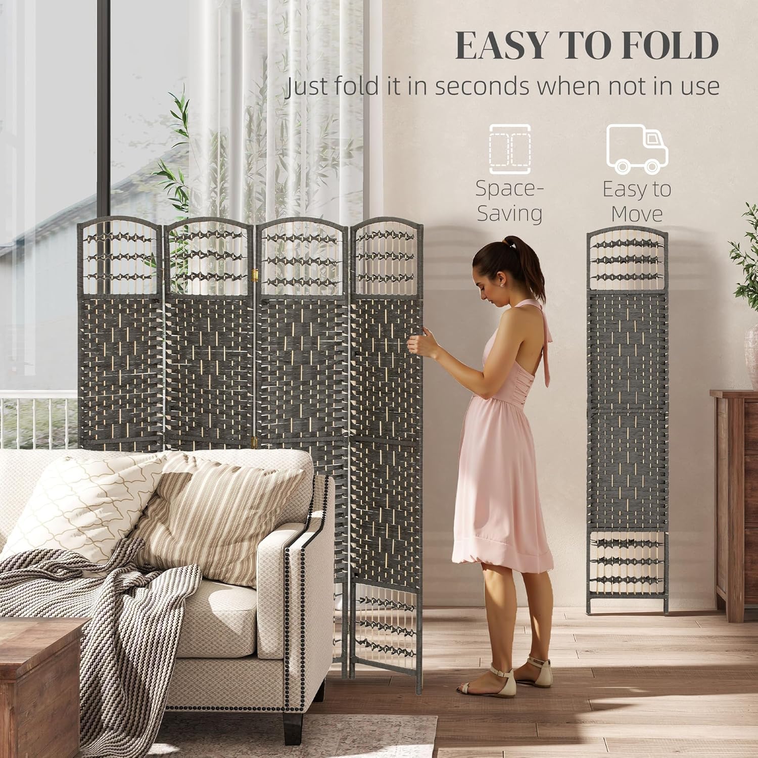 HOMCOM 4 Panel Room Divider, Folding Privacy Screen, 5.6' Room Separator, Wave Fiber Freestanding Partition Wall Divider, Dark Gray