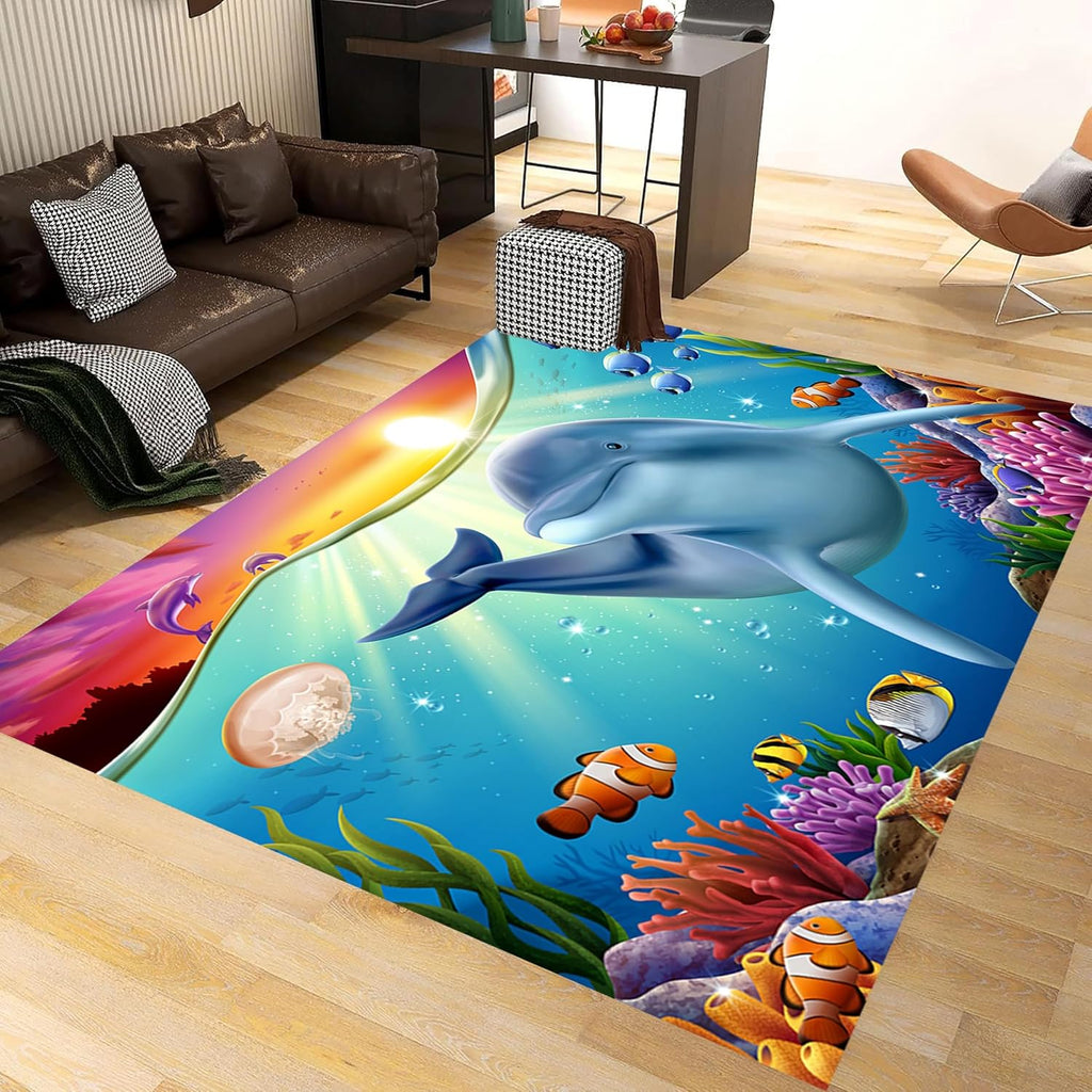 Blue Dolphin Area Rug for Bedroom, 6x8ft, Undersea Ocean Animal Print Indoor Carpet, Beach Tropical Fish Home Decor Playing Mat, Low Pile Breathable Non Shedding Rugs for Kids Room