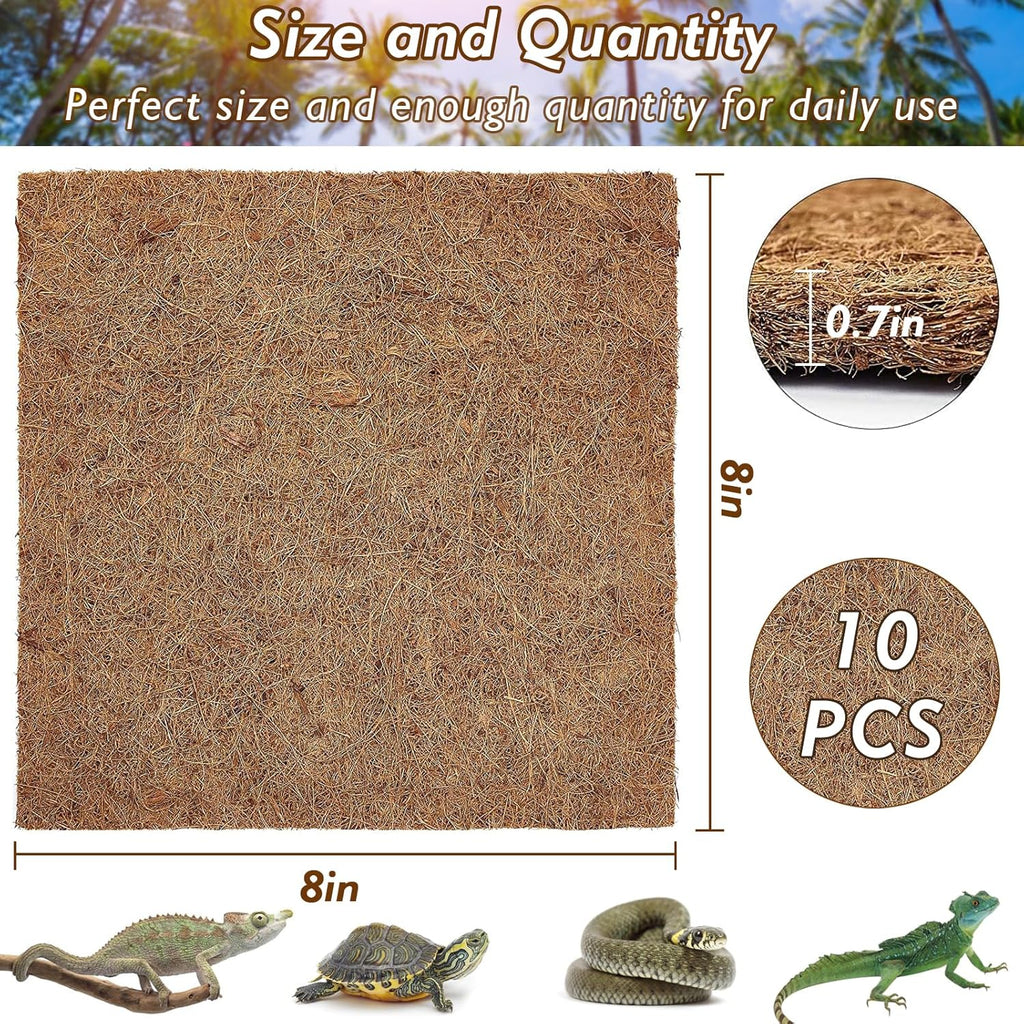 ZeeDix 10 Pcs Reptile Mat, 8X8 inch Natural Coconut Fiber Liner Mat Flooring Accessories for Reptile Tank - Bearded Dragon Tortoise Lizard Turtle Snake Leopard Gecko Substrate Bedding