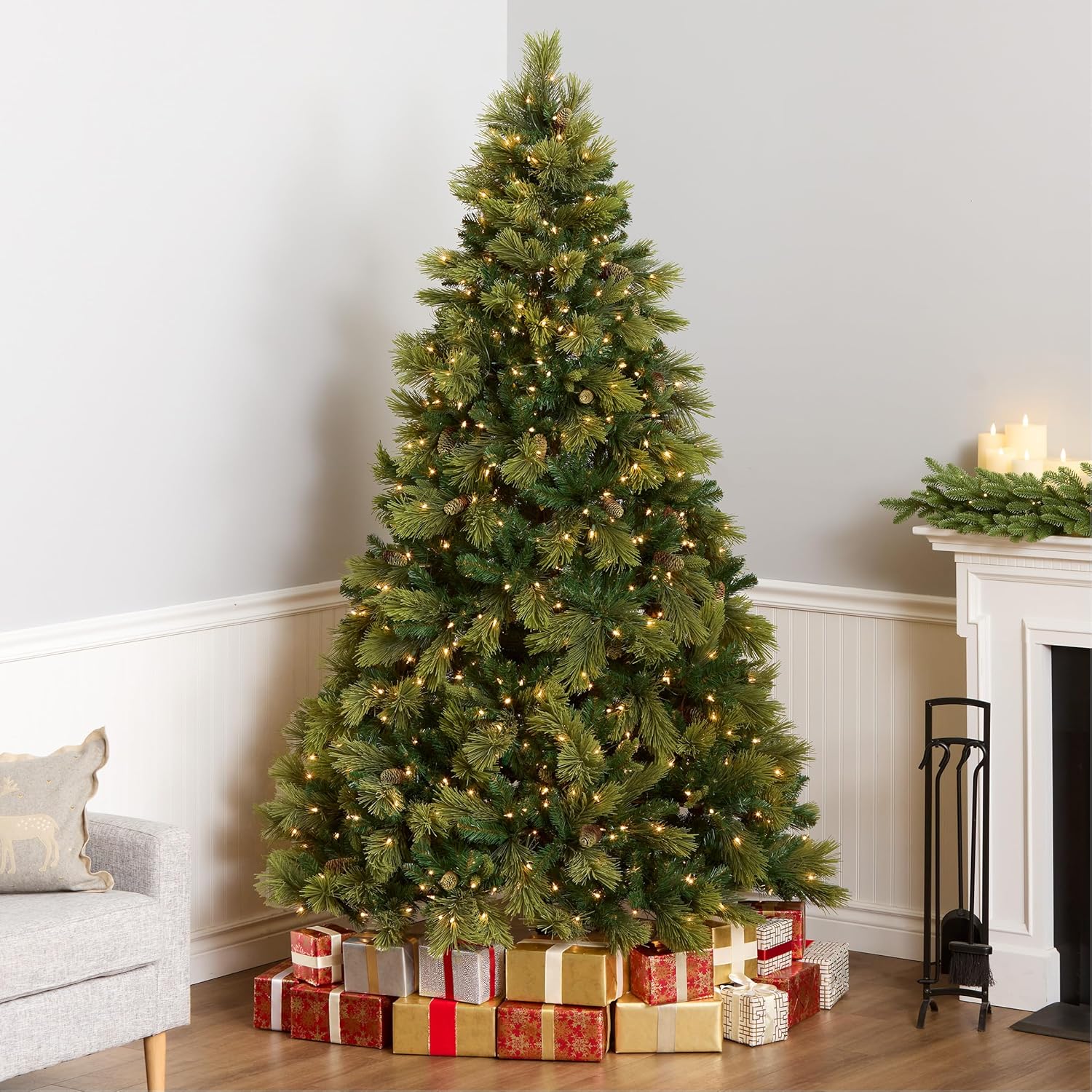 National Tree Company 7.5 ft Pre-Lit Carolina Pine Artificial Christmas Tree, 750 Clear Lights, 1,399 Tips, Includes Stand, Green