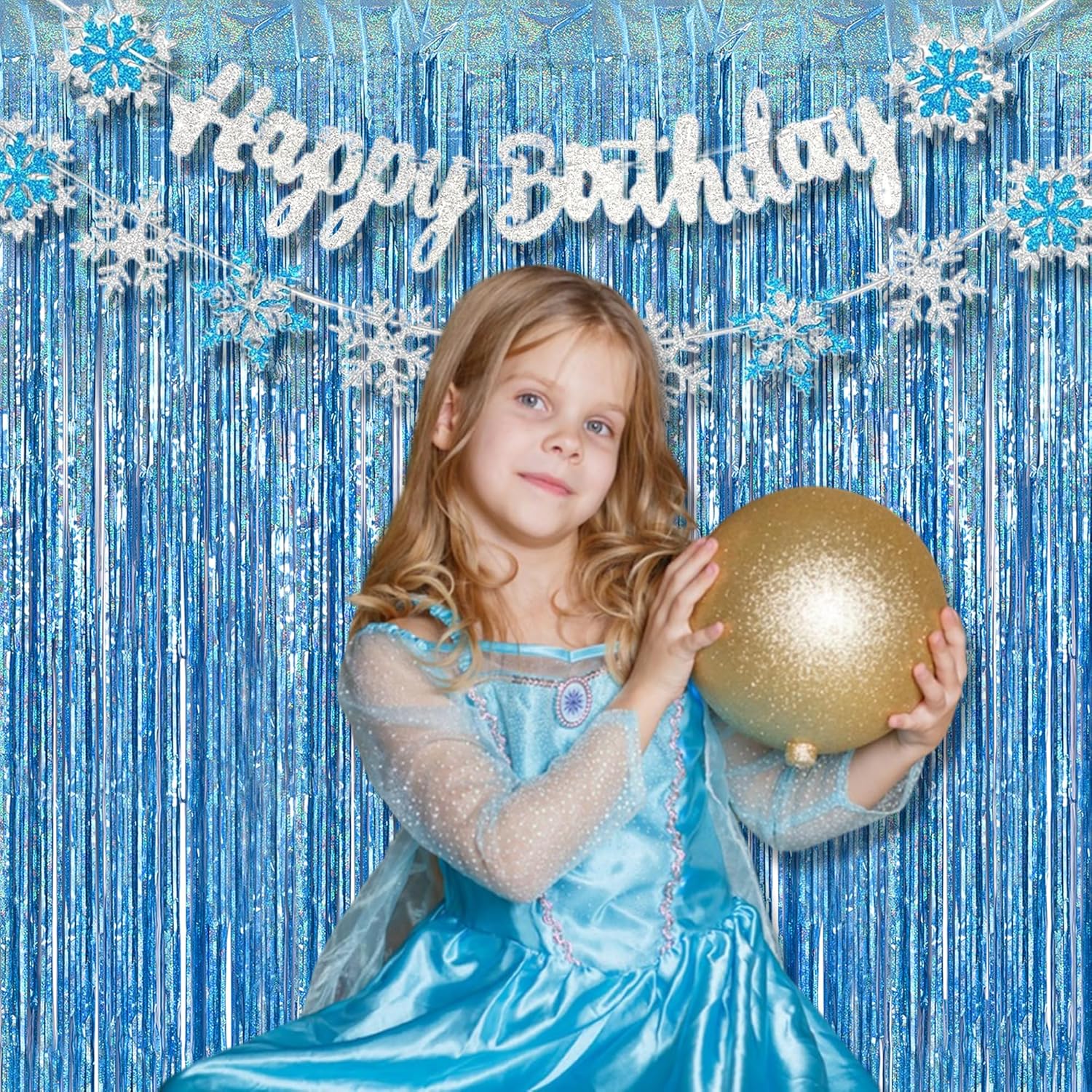 BRAVESHINE Light Blue Tinsel Foil Fringe Curtains - 2Pcs 3.2x8.2 ft Metallic Holiday Streamers Backdrop for Christmas/Winter’s Snowflake/Frozen/Birthdays/Mermaid/Bachelorette/Engagement Party Decor