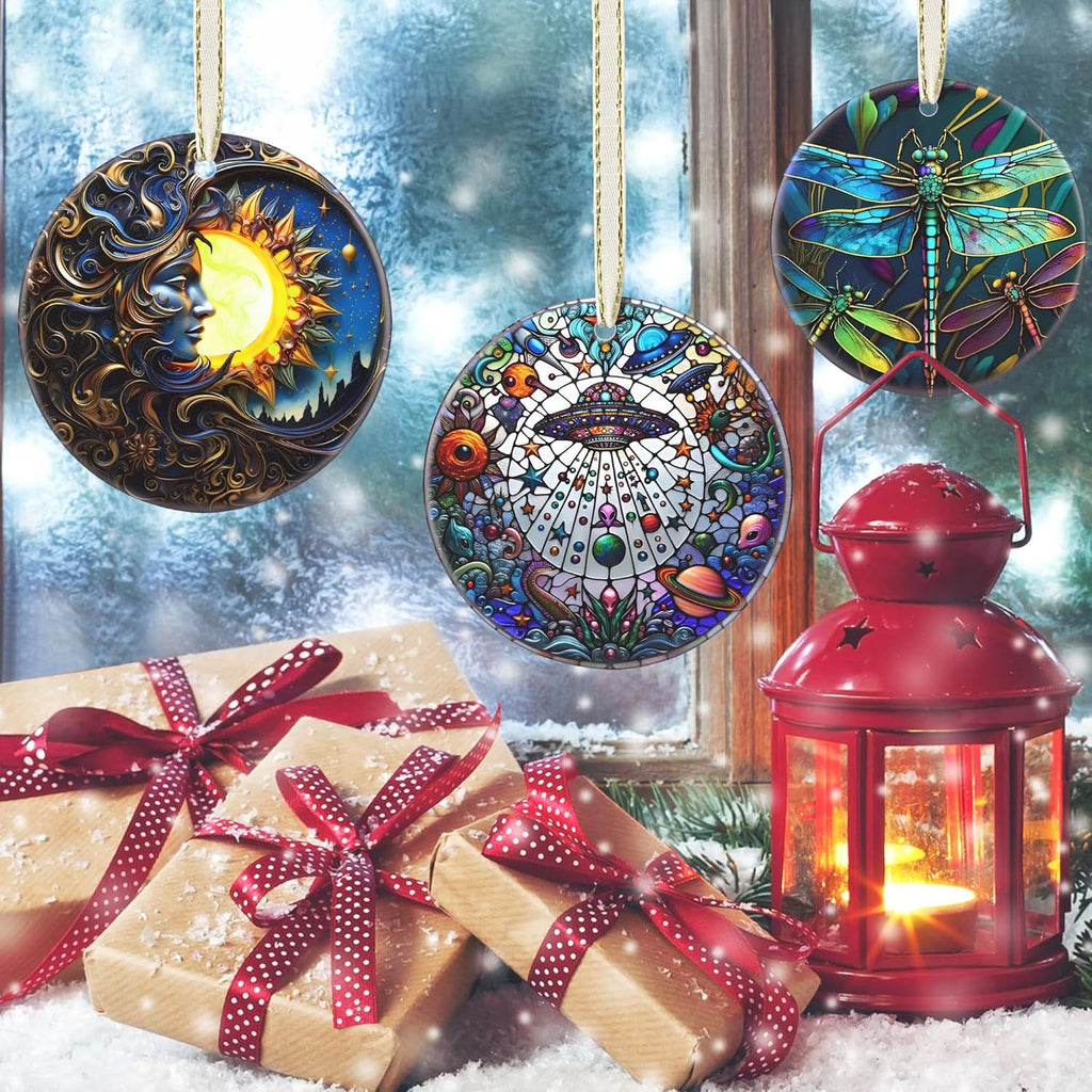 2025 UFO & Alien Christmas Tree Ornament - Christmas Decoration, Round Ceramic Holiday Decor, Gift Idea for Friends