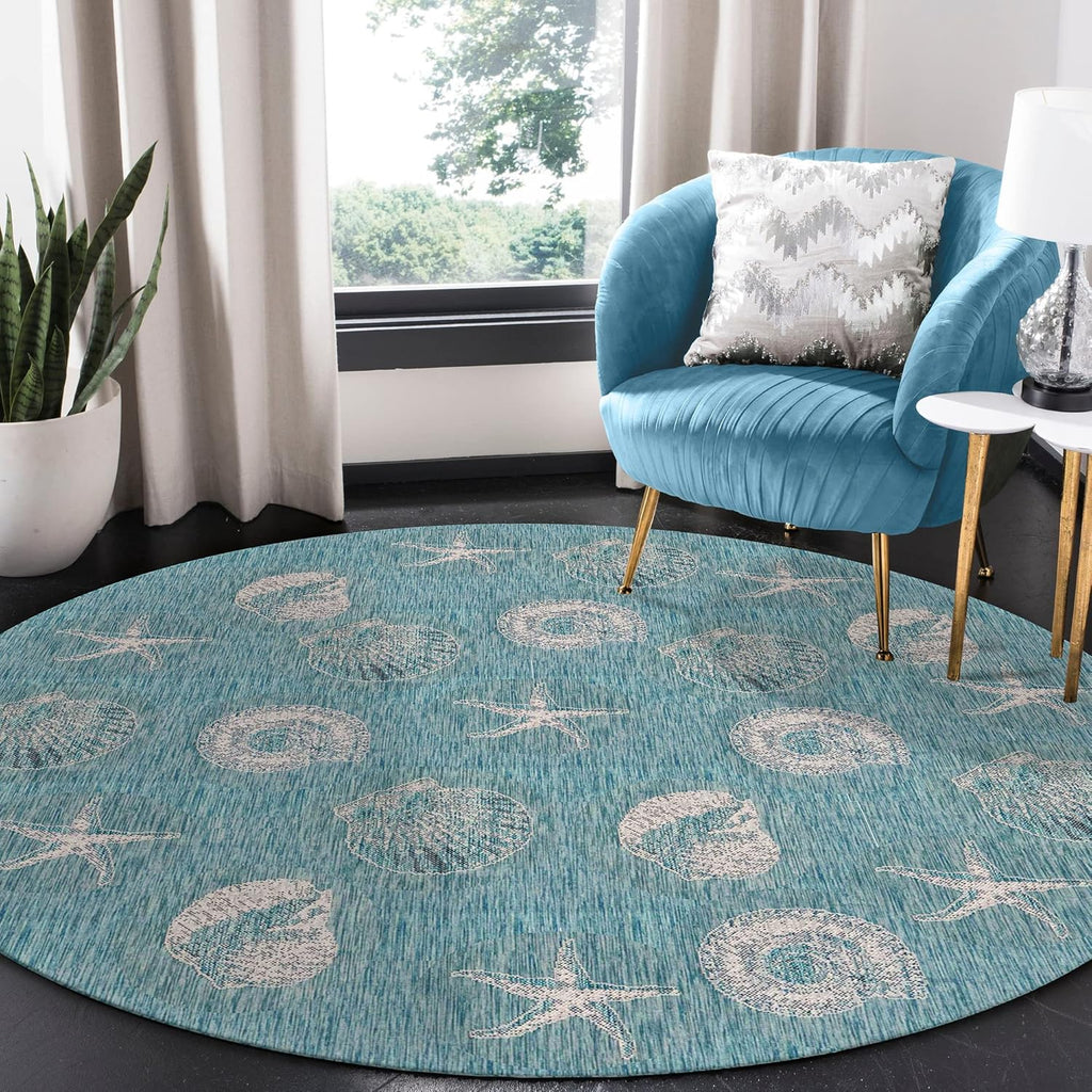 Liora Manne CARMEL Indoor/Outdoor Power Loomed Synthetic Blend Low Profile Area Rug - Transitional Coastal Seashell Decorative (Shells Aqua) (7'10" Round)